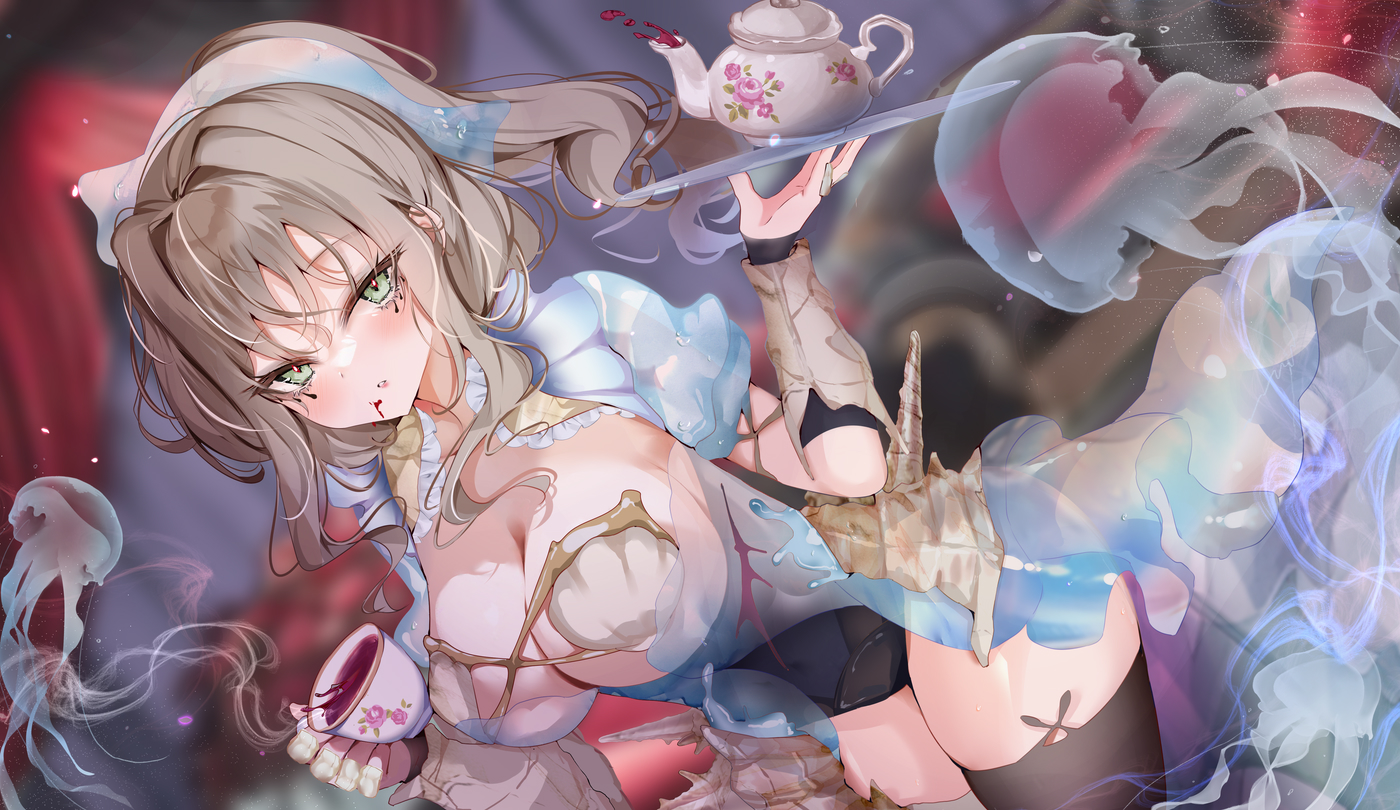pon (ponidrop), silver and blood, commentary request, official art, 1girl, ami (silver and blood), bed, bedroom, bikini, black arm warmers, black leotard, black thighhighs, blue dress, blue headscarf, blurry, blurry background, bracer, breasts, breasts out, bright pupils, brown hair, cleavage, collar, collarbone, cowboy shot, cup, detached collar, dress, expressionless, eyelashes, eyes visible through hair, frilled collar, frills, green eyes, grey thighhighs, headscarf, holding, holding cup, holding tray, huge breasts, indoors, jellyfish, leaning forward, leotard, light particles, long dress, long hair, maid, marking on cheek, mismatched thighhighs, official alternate costume, parted lips, petals, ponytail, see-through clothes, see-through dress, see-through headwear, see-through leotard, shell, shell bikini, short sleeves, skindentation, solo, standing, strapless, strapless leotard, swimsuit, tea, teacup, teapot, teardrop facial mark, thighhighs, transcendent ami (silver and blood), tray, tsurime, white bikini, white pupils, yellow collar