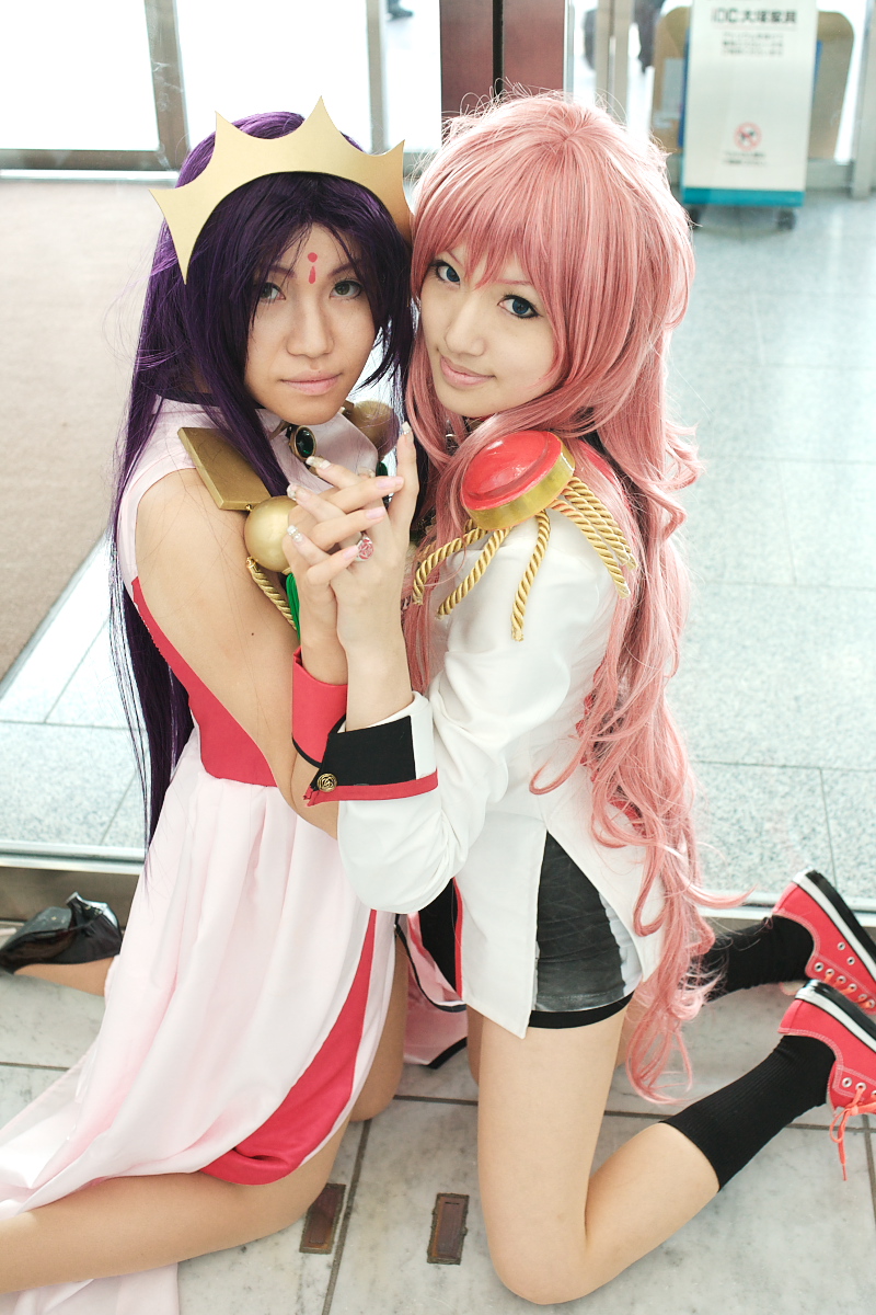 rou (cosplayer), saya (cosplayer), himemiya anthy, tenjou utena, shoujo kakumei utena, highres, photo (medium), blue eyes, cosplay, dress, green eyes, himemiya anthy (cosplay), jewelry, pink hair, purple hair, ring, socks, tenjou utena (cosplay), tiara