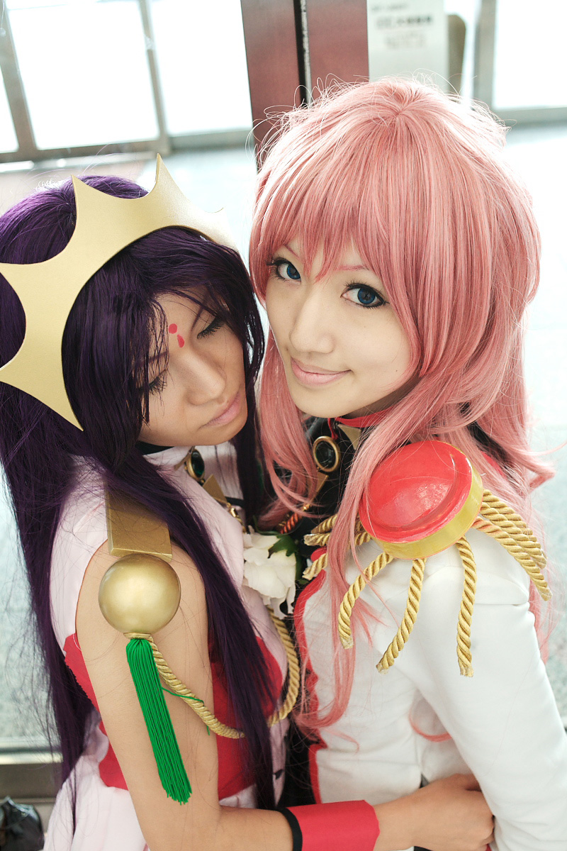 rou (cosplayer), saya (cosplayer), himemiya anthy, tenjou utena, shoujo kakumei utena, highres, photo (medium), cosplay, flower, himemiya anthy (cosplay), pink hair, purple hair, rose, tenjou utena (cosplay), tiara