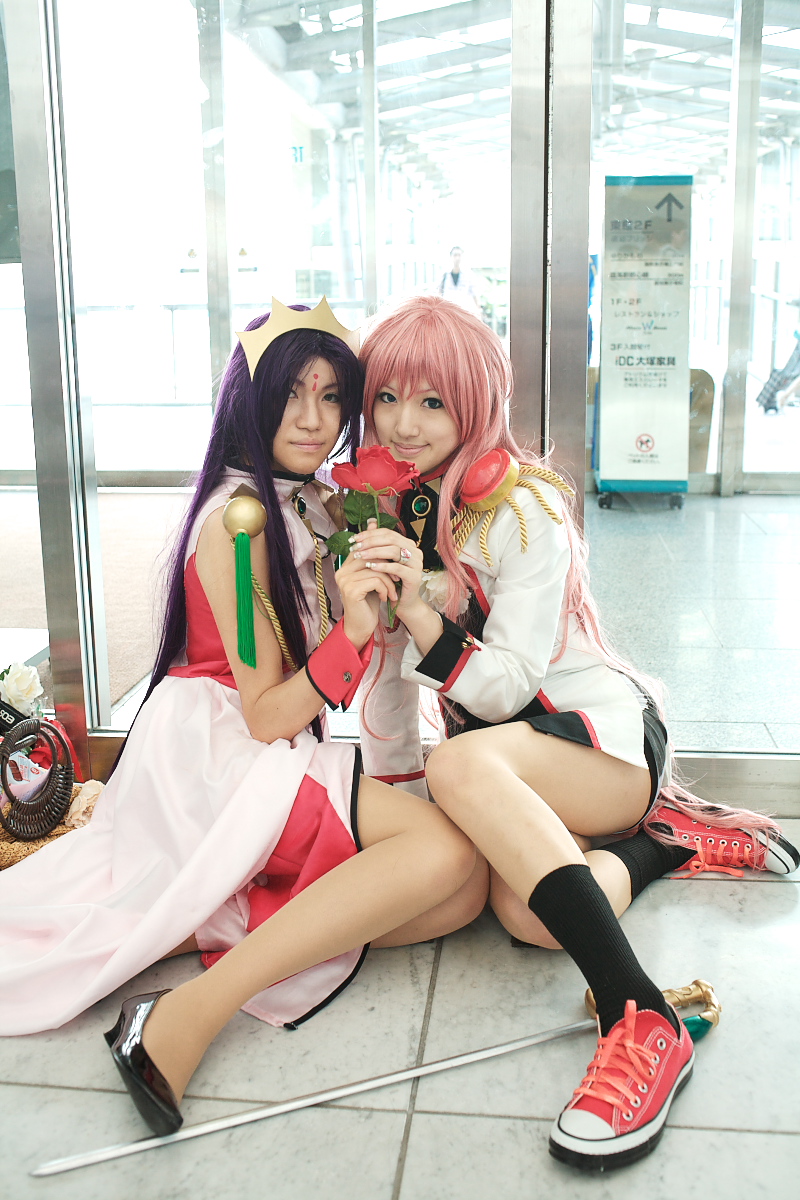 rou (cosplayer), saya (cosplayer), himemiya anthy, tenjou utena, shoujo kakumei utena, highres, photo (medium), cosplay, dress, flower, himemiya anthy (cosplay), pink hair, purple hair, rose, socks, sword, tenjou utena (cosplay), tiara, weapon
