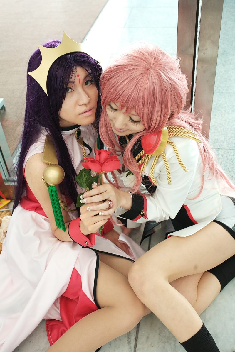 rou (cosplayer), saya (cosplayer), himemiya anthy, tenjou utena, shoujo kakumei utena, highres, photo (medium), cosplay, dress, flower, himemiya anthy (cosplay), jewelry, pink hair, purple hair, ring, rose, socks, tenjou utena (cosplay), tiara