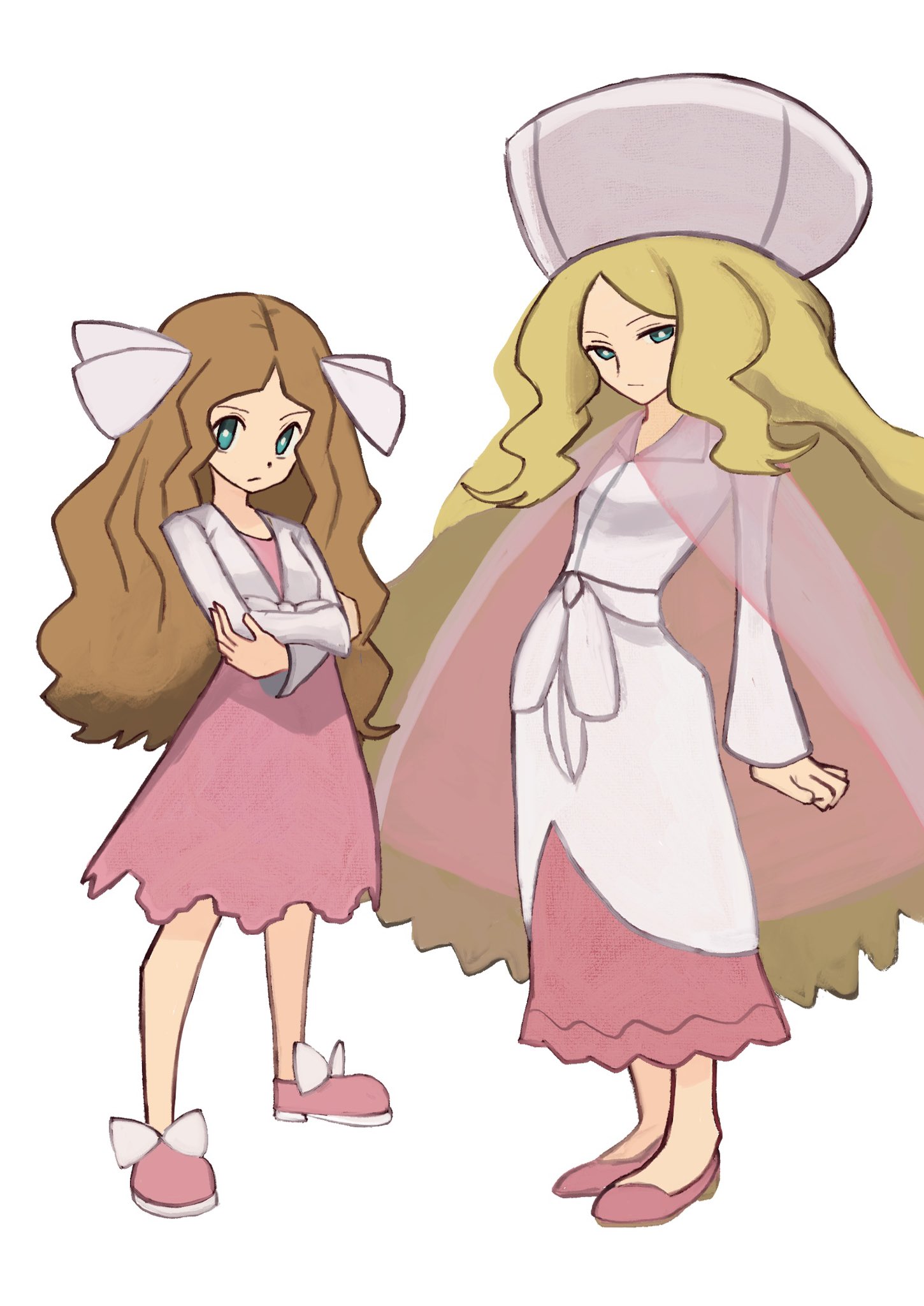 tikuwabu 33, caitlin (pokemon), nintendo, pokemon, pokemon bw, pokemon dppt, pokemon platinum, highres, 1girl, blonde hair, blue eyes, brown hair, cape, closed mouth, crossed arms, dress, full body, hair ribbon, hat, long hair, long sleeves, looking at viewer, parted bangs, pink dress, pink shoes, ribbon, see-through cape, shoes, standing, time paradox, very long hair, white background, white dress