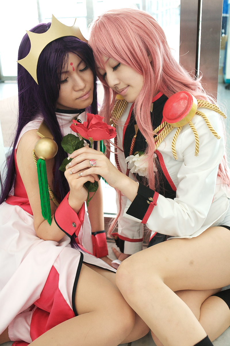 rou (cosplayer), saya (cosplayer), himemiya anthy, tenjou utena, shoujo kakumei utena, highres, photo (medium), cosplay, dress, flower, himemiya anthy (cosplay), jewelry, pink hair, purple hair, ring, rose, socks, tenjou utena (cosplay), tiara