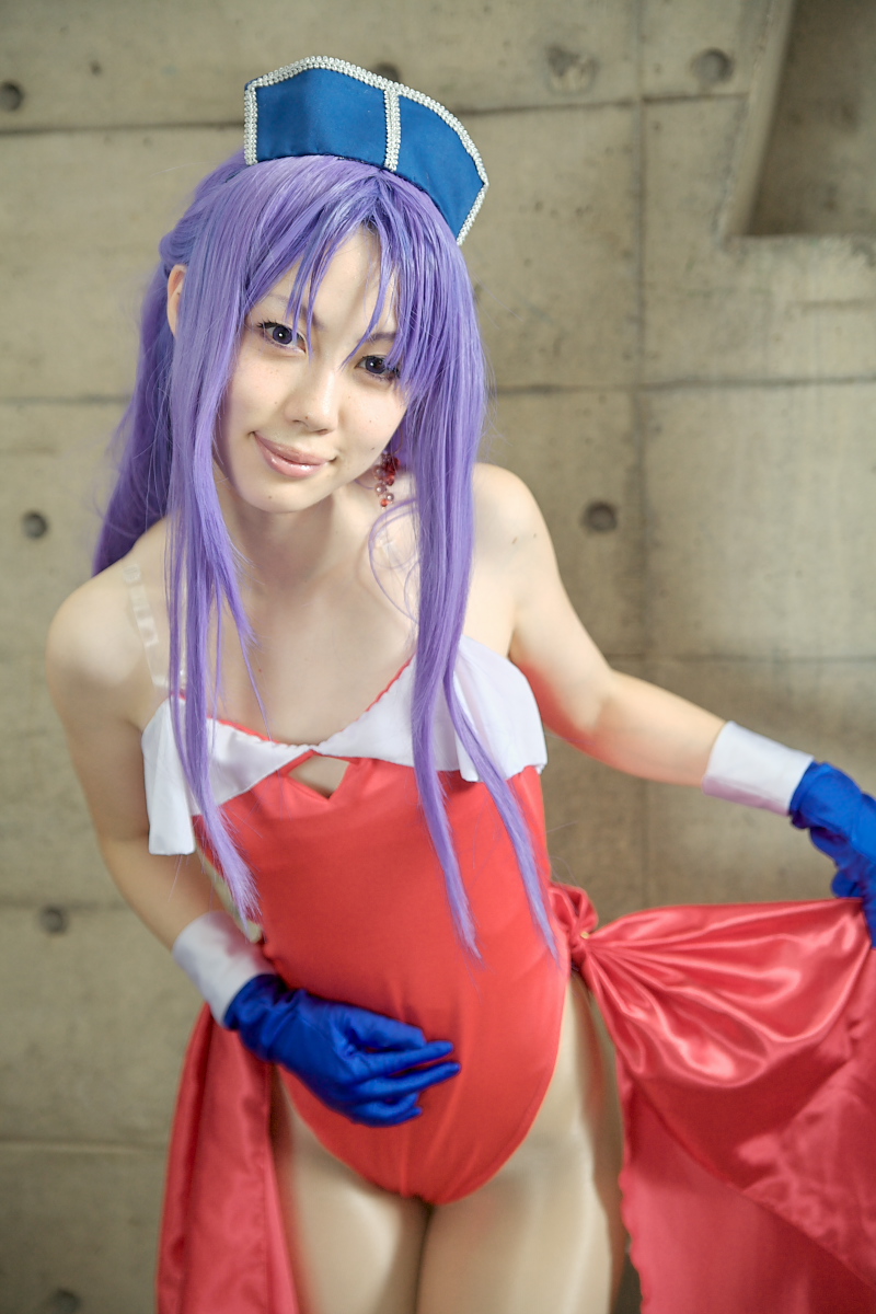 hirano kurita, angela (seiken densetsu 3), real life, seiken densetsu, seiken densetsu 3, bad id, cosplay photo, highres, photo (medium), 1girl, angela (seiken densetsu 3) (cosplay), cosplay, female focus, frills, gloves, hat, leotard, long hair, purple hair, red leotard, showgirl skirt, sidelocks, solo
