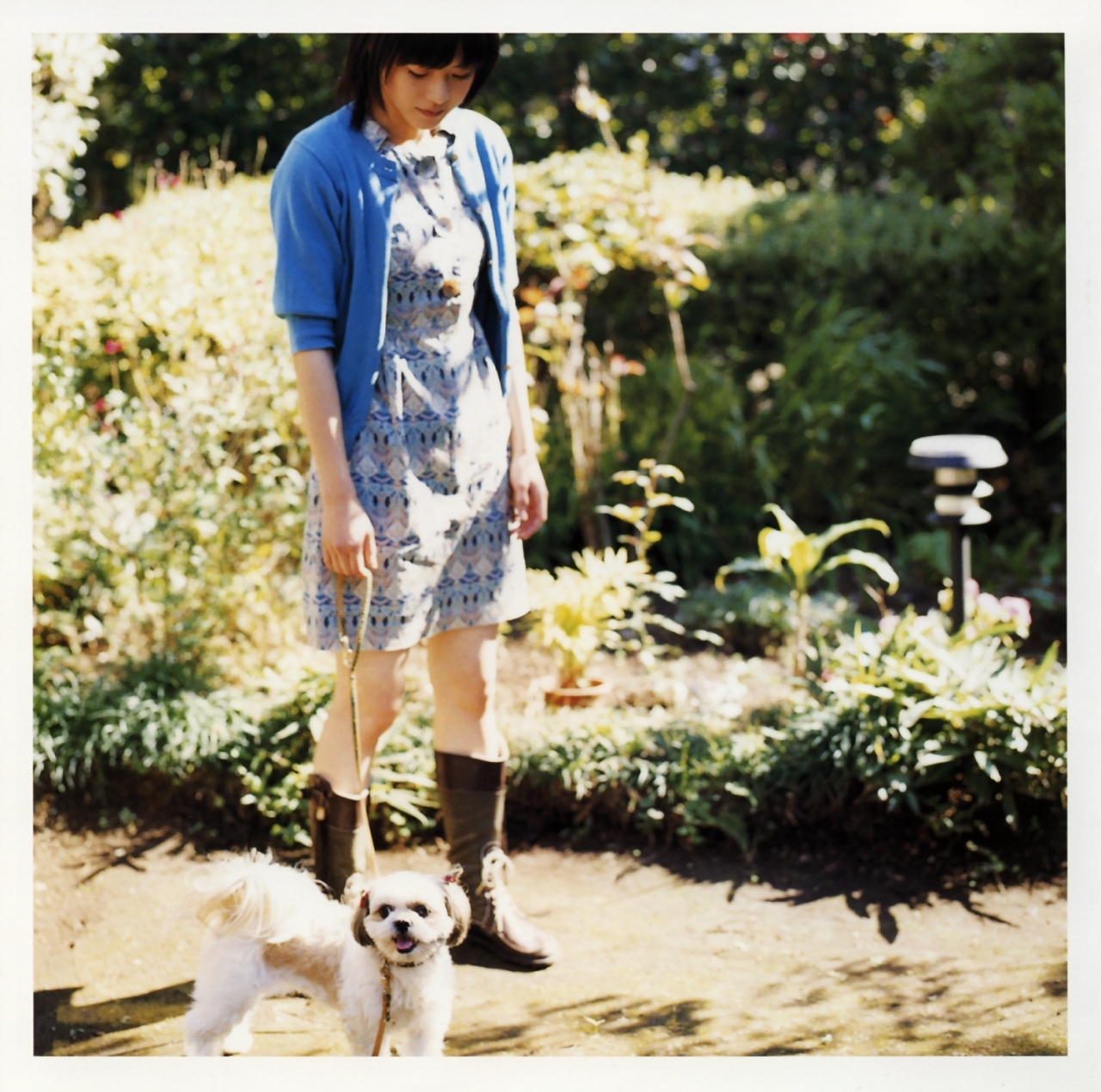 ueno juri, a piacere, highres, photo (medium), boots, cardigan, dog, dress, print dress