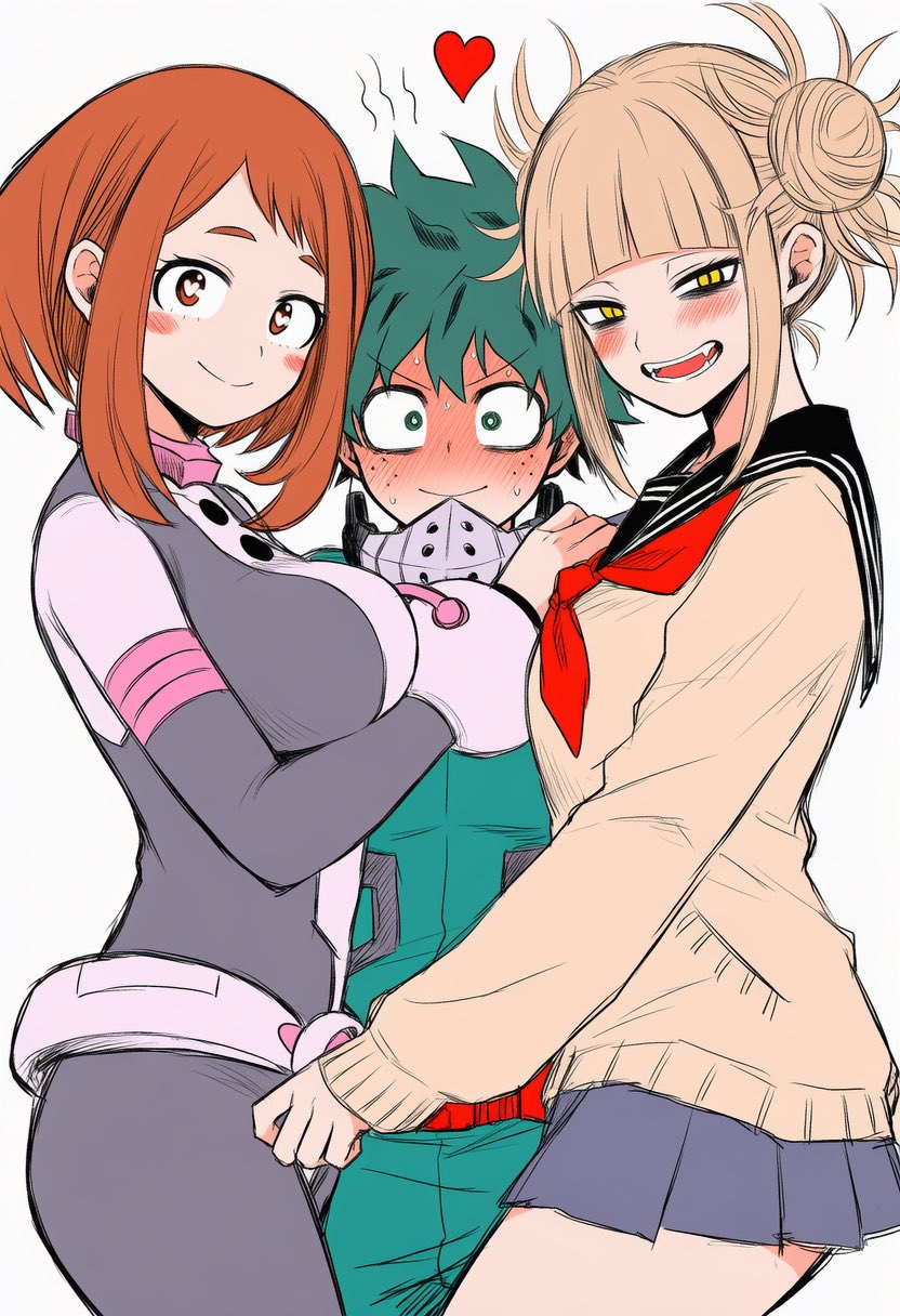 horoyoi drink, midoriya izuku, toga himiko, uraraka ochako, boku no hero academia, 1boy, 2girls, blonde hair, blush, bodysuit, breasts, brown eyes, brown hair, closed mouth, fangs, green eyes, green hair, hair bun, large breasts, long sleeves, looking at viewer, miniskirt, multiple girls, open mouth, sailor collar, sandwiched, school uniform, short hair, sidelocks, skirt, smile, superhero costume, yellow eyes