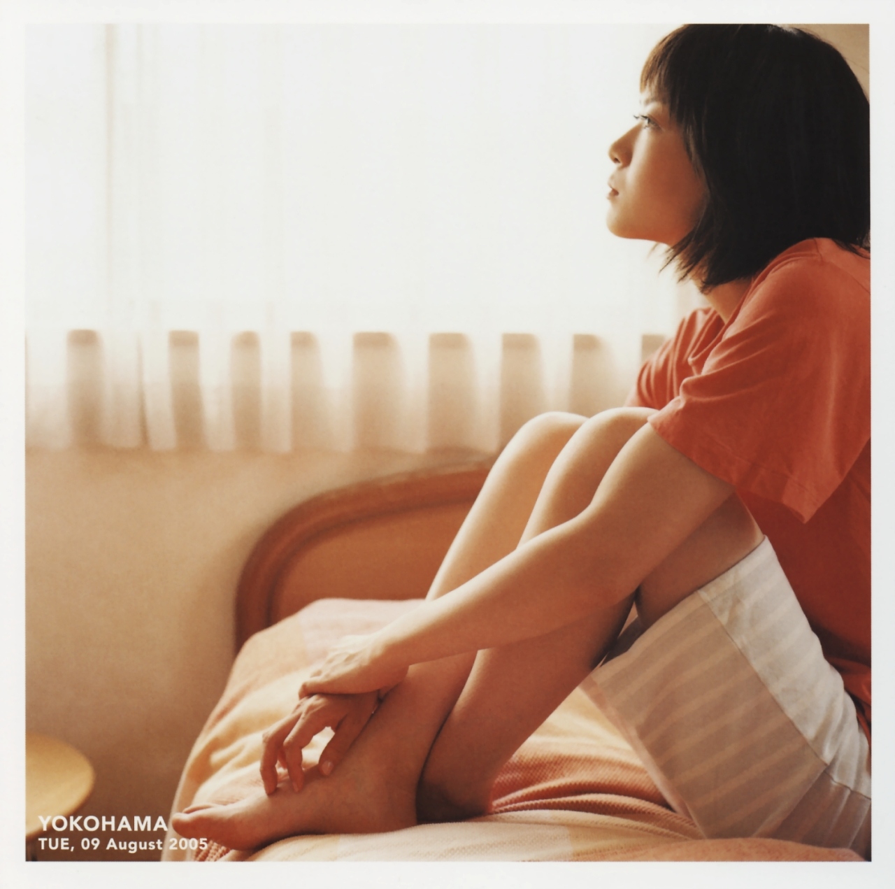 ueno juri, a piacere, highres, photo (medium), bed, shirt, shorts, t-shirt