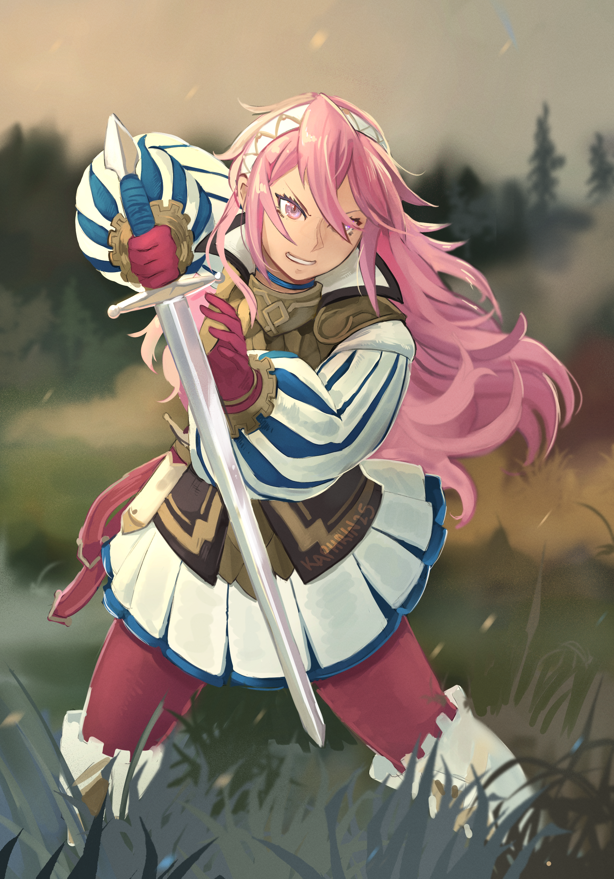 kaphrin, soleil (fire emblem), soleil (resplendent) (fire emblem), fire emblem, fire emblem fates, fire emblem heroes, nintendo, absurdres, highres, 1girl, artist name, blurry, blurry background, gloves, grass, hair over one eye, hairband, long hair, long sleeves, official alternate costume, outdoors, pantyhose, pink eyes, pink gloves, pink hair, pink pantyhose, puffy sleeves, solo, standing