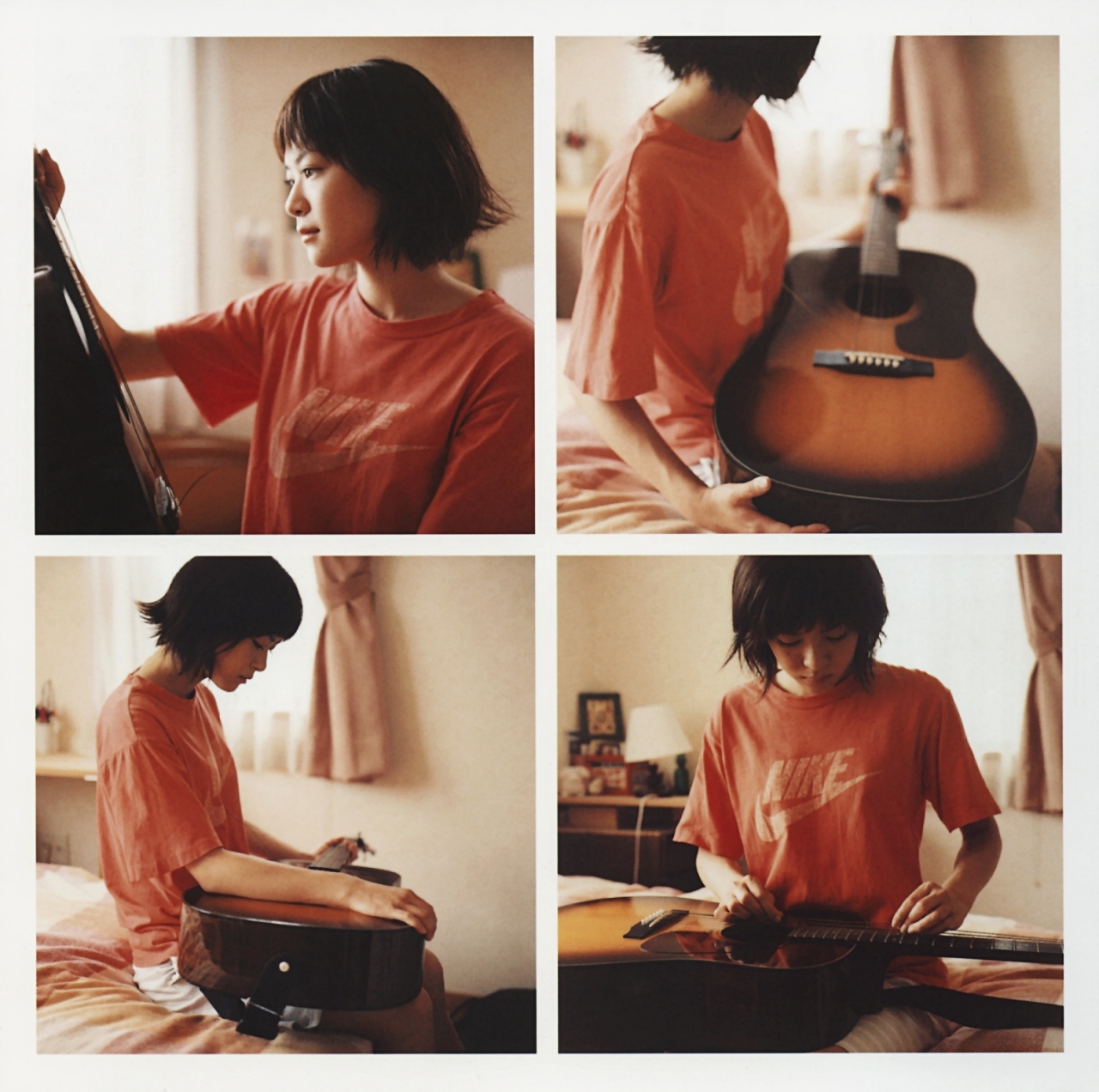 ueno juri, a piacere, highres, photo (medium), 1girl, acoustic guitar, bed, female focus, guitar, instrument, shirt, shorts, solo, t-shirt