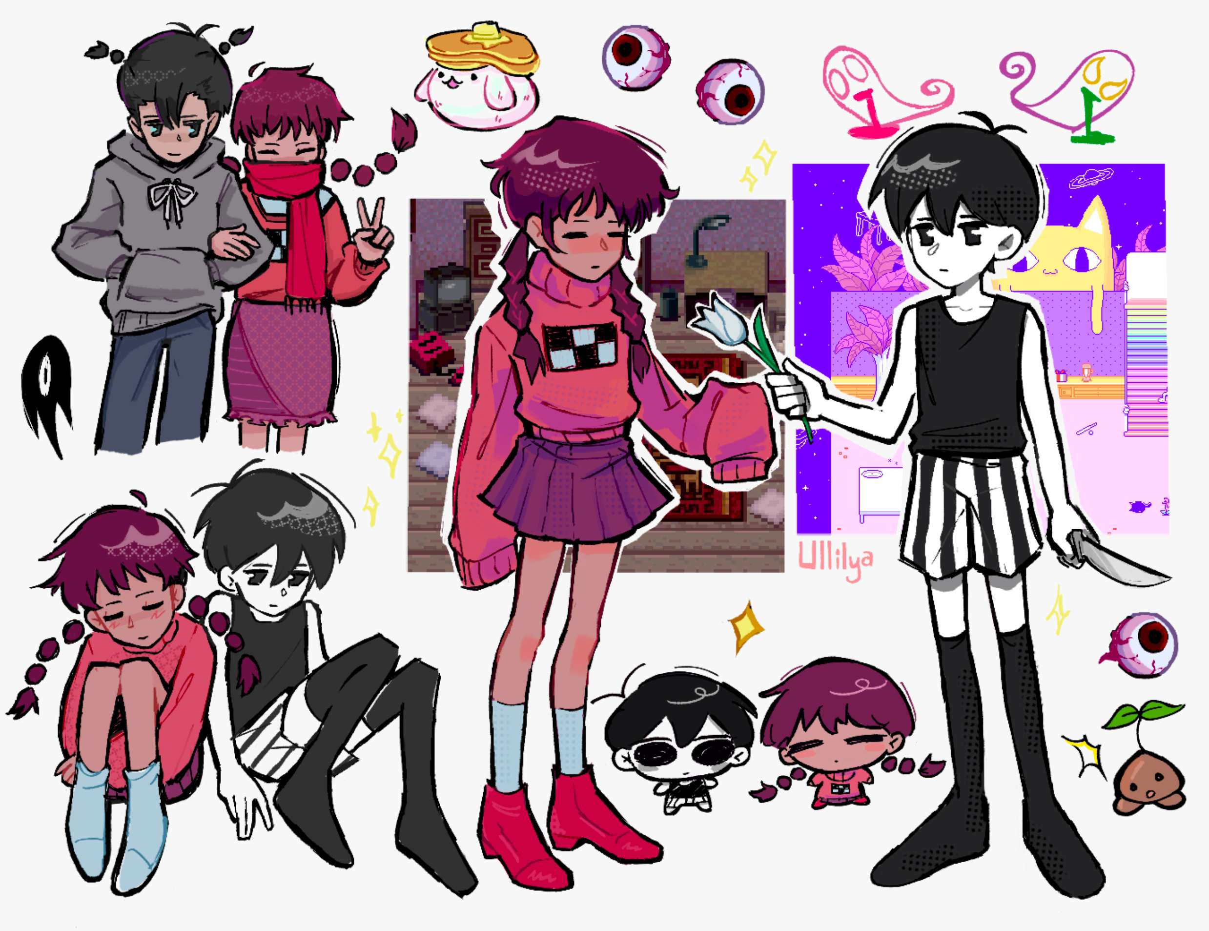 big yellow cat (omori), frog character (yume nikki), madotsuki, omori (omori), pancake bunny (omori), something (omori), sprout mole, sunny (omori), omori, yume nikki, highres, 1girl, 2boys, = =, alternate costume, alternate hairstyle, antenna hair, artist name, black eyes, black hair, black pants, black tank top, black thighhighs, blush, braid, brown hair, chibi, closed eyes, closed mouth, collarbone, colored skin, dual persona, eyeball, flower, food, hands in pockets, holding, holding flower, holding knife, hood, hood down, knees up, knife, locked arms, long hair, long sleeves, looking at another, low twin braids, multiple boys, pancake, pancake stack, pants, pleated skirt, rabbit, red shoes, red skirt, red sweater, shoes, short hair, shorts, sitting, skirt, sleeves past fingers, sleeves past wrists, smile, socks, striped clothes, striped shorts, sweater, tank top, thighhighs, tulip, twin braids, ullilya1, v, vertical-striped clothes, vertical-striped shorts, white flower, white shorts, white skin, white socks, white tulip