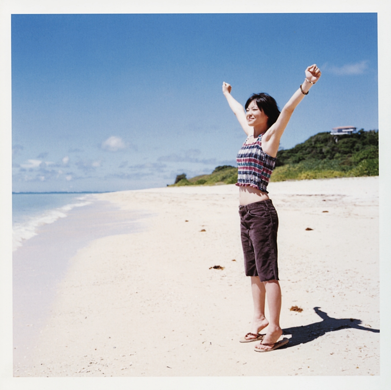 ueno juri, a piacere, highres, photo (medium), asian, beach, female focus, flip-flops, sandals, shorts, stretching, tank top