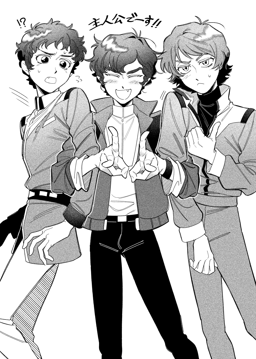 kamonekm, amuro ray, judau ashta, kamille bidan, gundam, gundam zz, mobile suit gundam, zeta gundam, highres, !?, 3boys, :<, :d, ^ ^, belt, belt buckle, buckle, closed eyes, closed mouth, fang, feet out of frame, flying sweatdrops, frown, greyscale, jacket, locked arms, long sleeves, looking at viewer, male focus, monochrome, multiple boys, open clothes, open jacket, open mouth, pants, shirt, short hair, smile, sweat, thick eyebrows, thumbs up, turtleneck, v, wristband