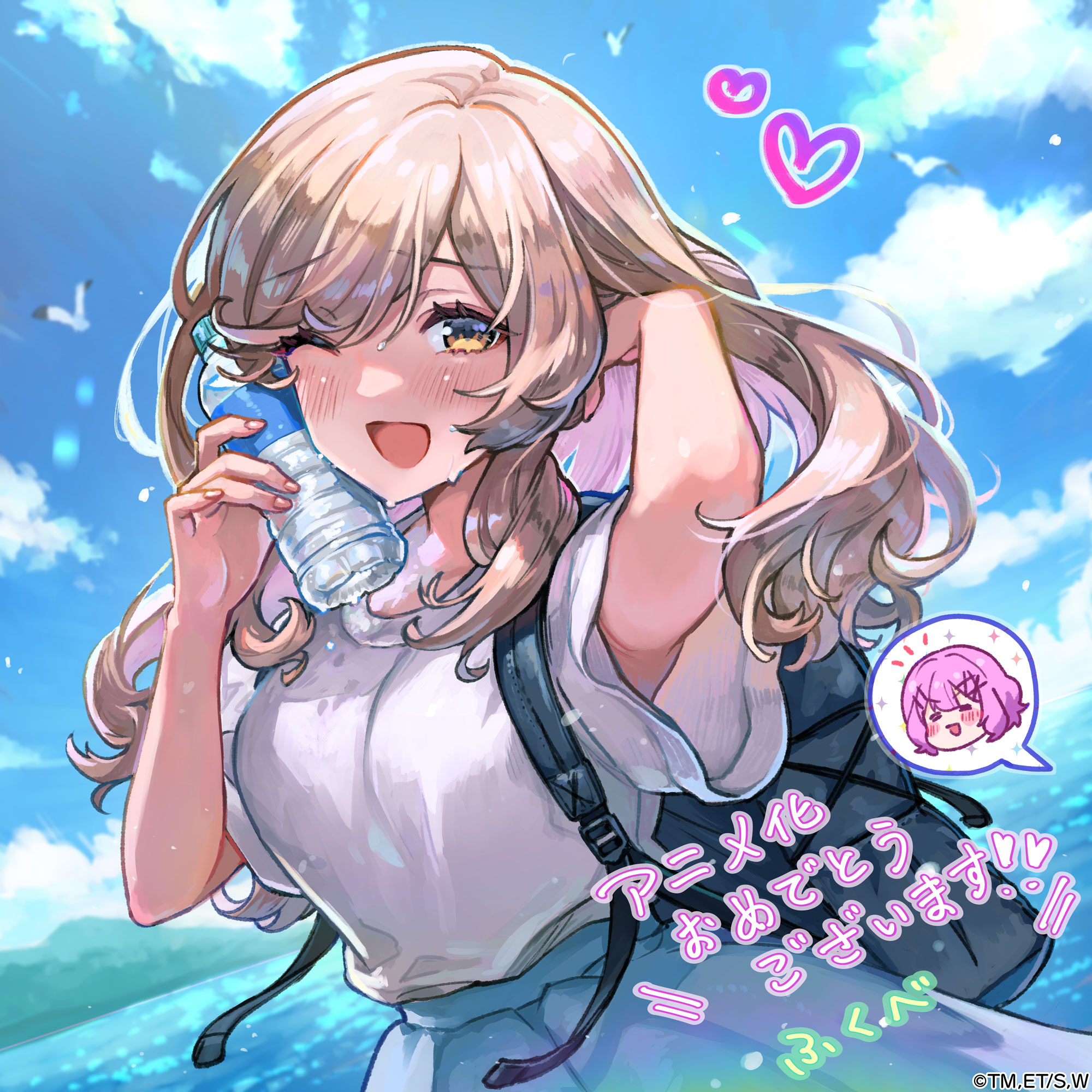 sena ajisai, watashi ga koibito ni nareru wake naijan murimuri!, highres, second-party source, bag, bird, bottle, brown hair, cloud, guest art, hand in own hair, heart, holding, holding bottle, long hair, mountain, ocean, one eye closed, sky, smile