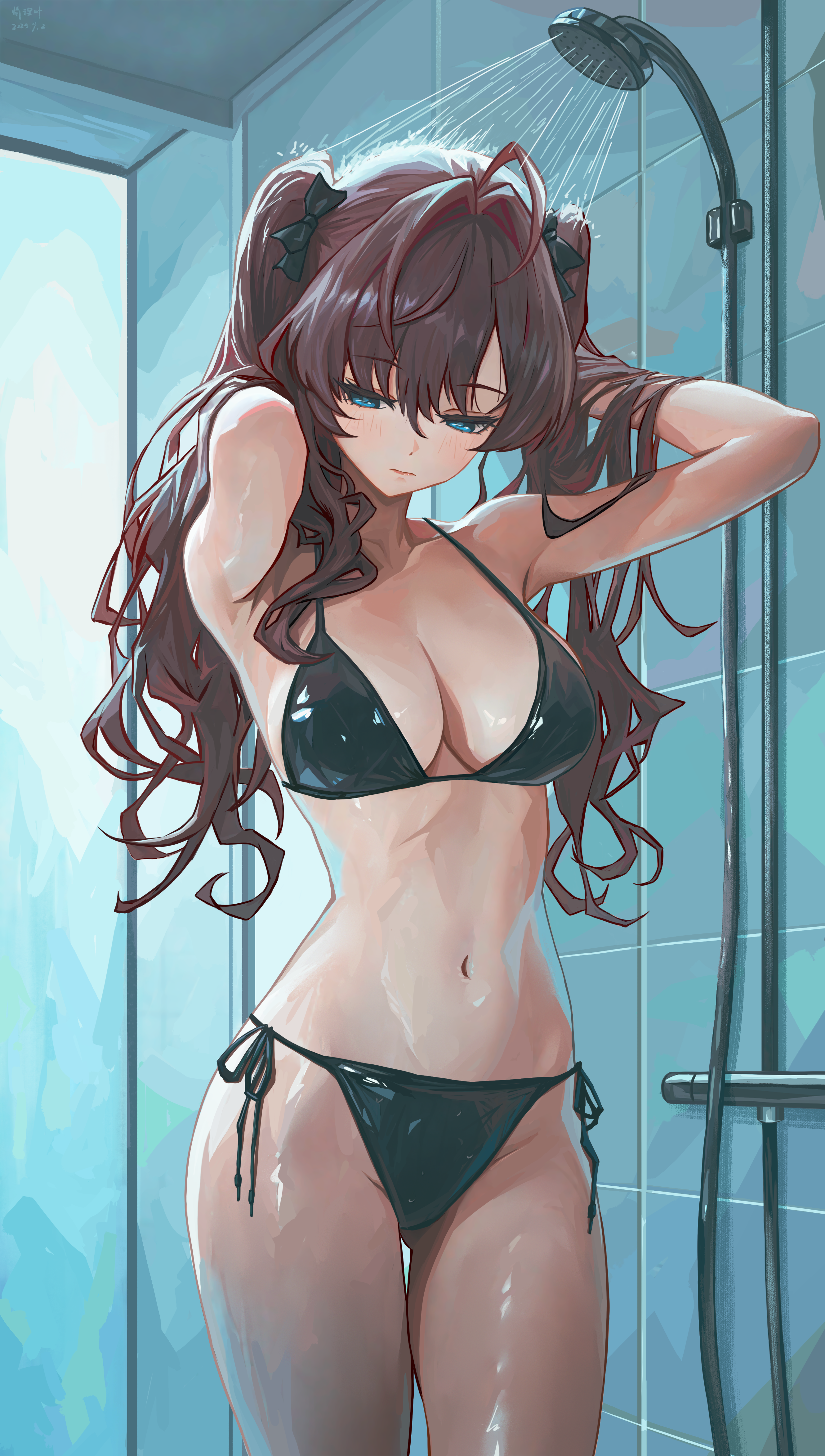 qingli ye, ichinose shiki, idolmaster, idolmaster cinderella girls, absurdres, highres, 1girl, ahoge, arms up, bikini, black bikini, blue eyes, bow, breasts, brown hair, cleavage, cowboy shot, hair bow, medium breasts, navel, shower (place), shower head, showering, side-tie bikini bottom, solo, stomach, swimsuit, tile wall, tiles, two side up, water, wavy hair, wet