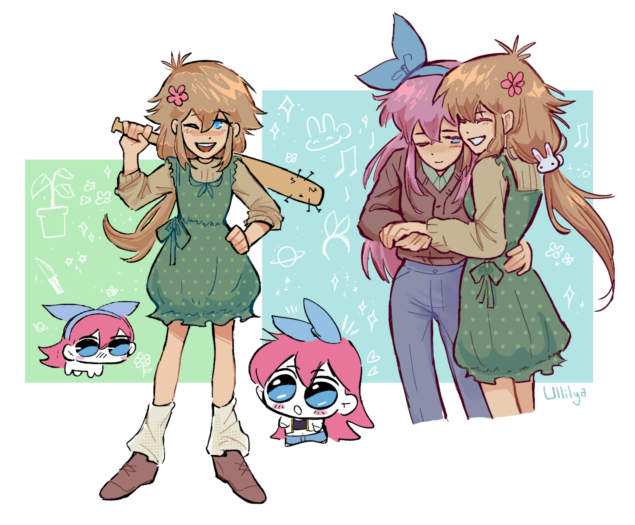 aubrey (faraway) (omori), aubrey (omori), basil (faraway) (omori), basil (omori), omori, highres, 2girls, alternate costume, antenna hair, artist name, blonde hair, blue eyes, blue hairband, blush, brown shoes, chibi, closed eyes, closed mouth, denim, double-parted bangs, flower, genderswap, genderswap (mtf), hair between eyes, hair flower, hair ornament, hairband, jeans, long hair, long sleeves, looking at another, looking at viewer, low ponytail, multiple girls, open mouth, pants, pink hair, ponytail, rabbit hair ornament, shoes, smile, socks, teeth, ullilya1, upper teeth only, white socks