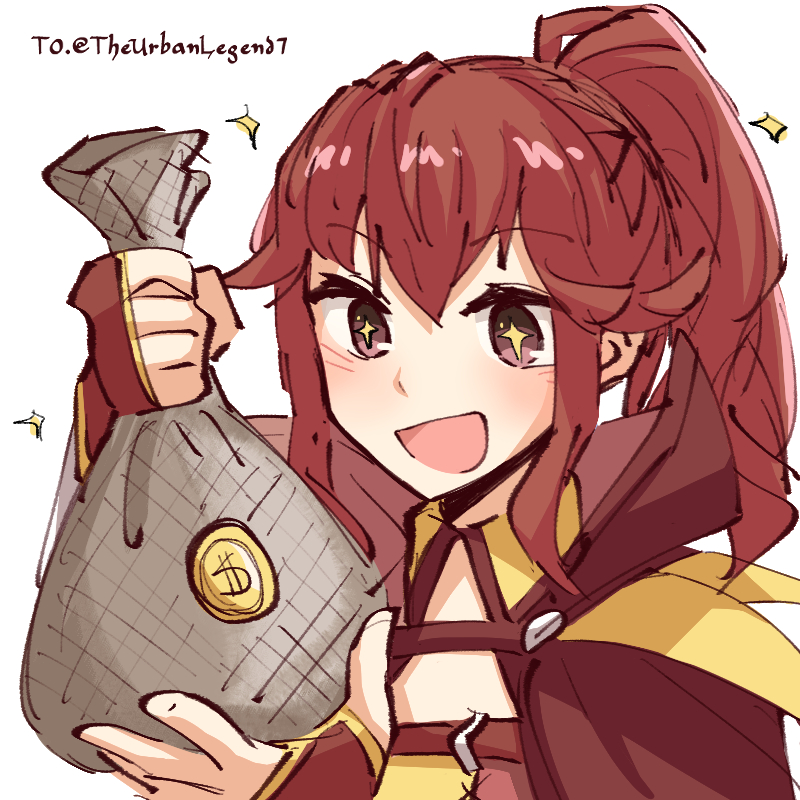 alonemistrist, anna (fire emblem), fire emblem, fire emblem awakening, nintendo, commentary, english commentary, 1girl, :d, bag, cape, coin, holding, holding bag, open mouth, ponytail, red cape, red eyes, red hair, sidelocks, smile, solo, star-shaped pupils, star (symbol), symbol-shaped pupils, upper body, white background