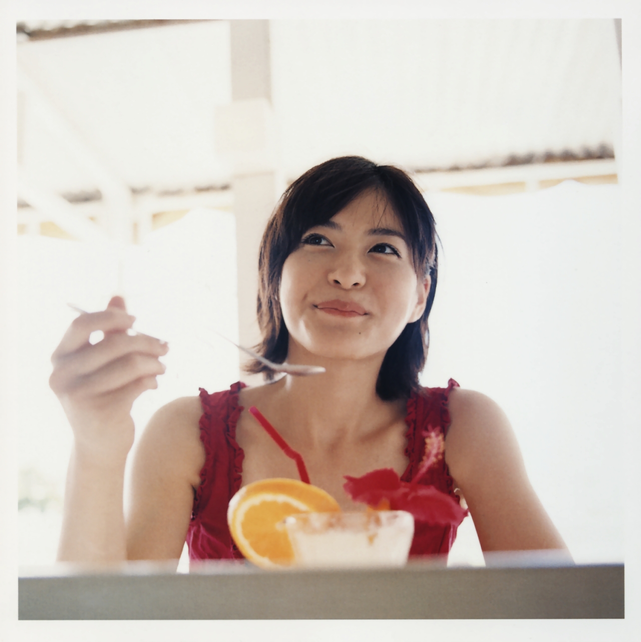 ueno juri, a piacere, highres, photo (medium), food, fruit, ice cream, orange (fruit), sundae, tank top