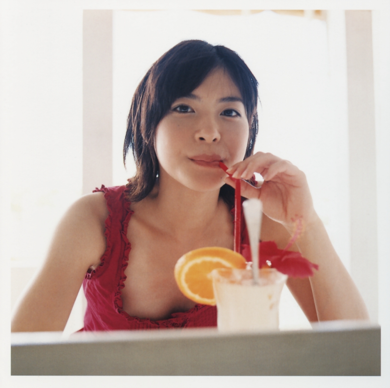 ueno juri, a piacere, highres, photo (medium), drinking straw, tank top