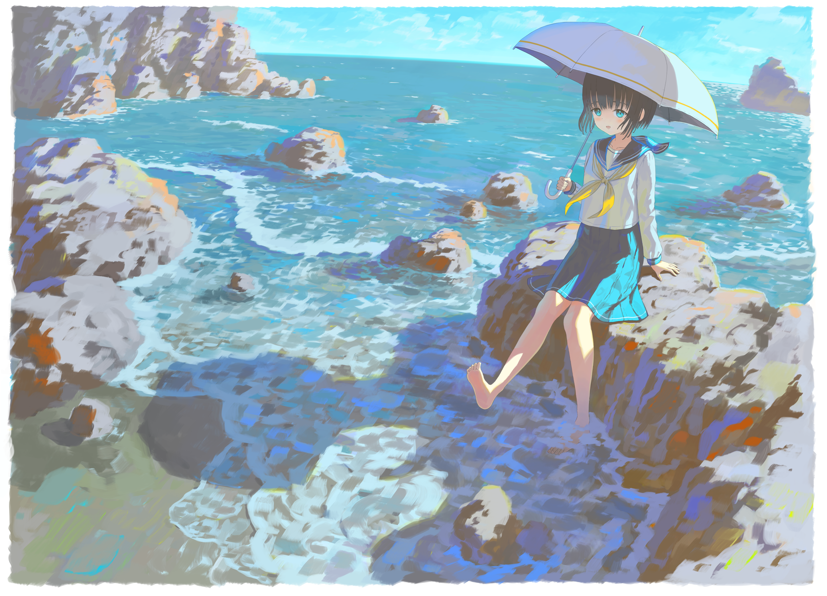 feel (nasitaki), original, highres, 1girl, black hair, blue eyes, blue sailor collar, blue sky, day, holding, holding umbrella, neckerchief, ocean, on rock, outdoors, sailor collar, sand, school uniform, serafuku, shadow, short hair, sitting, sky, solo, umbrella, yellow neckerchief