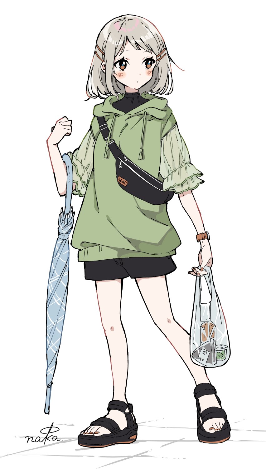 nakanakacxy, original, commentary request, highres, 1girl, artist name, bag, bare legs, black bag, black sandals, black shirt, black shorts, blue umbrella, blush, brown eyes, closed mouth, closed umbrella, dot mouth, drawstring, elbow carry, fanny pack, fingernails, full body, green sweater, grey hair, grocery bag, hair ornament, hairclip, hand up, holding, holding bag, hood, hood down, hooded sweater, looking to the side, medium hair, nail polish, orange nails, parallel hairclips, parted bangs, plastic bag, sandals, shirt, shopping bag, short shorts, shorts, sideways glance, signature, simple background, solo, standing, sweater, three-quarter sleeves, toenail polish, toenails, toes, turning head, umbrella, umbrella on arm, watch, white background, wristwatch