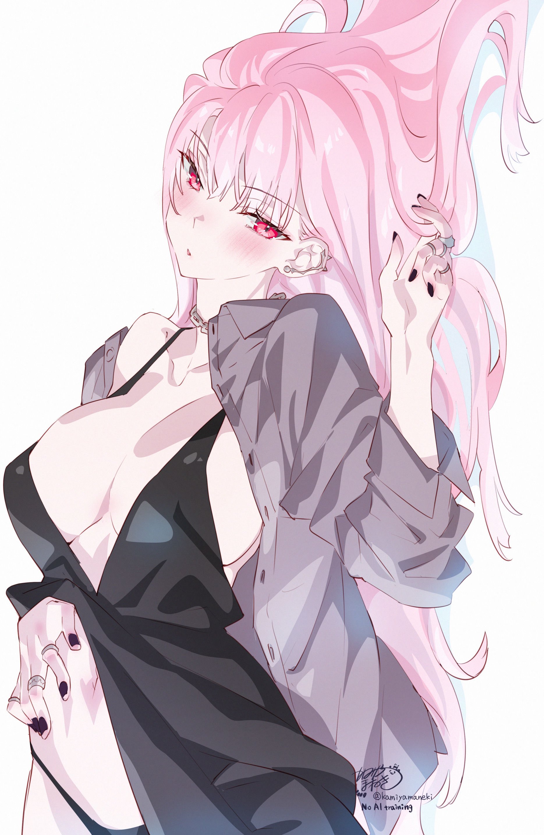 kamiya maneki, mori calliope, hololive, hololive english, absurdres, highres, 1girl, black dress, black nails, black panties, blouse, breasts, collared shirt, dress, grey shirt, jewelry, large breasts, long hair, looking at viewer, lying, navel, on back, panties, pink eyes, pink hair, ring, shirt, solo, underwear, virtual youtuber, white background