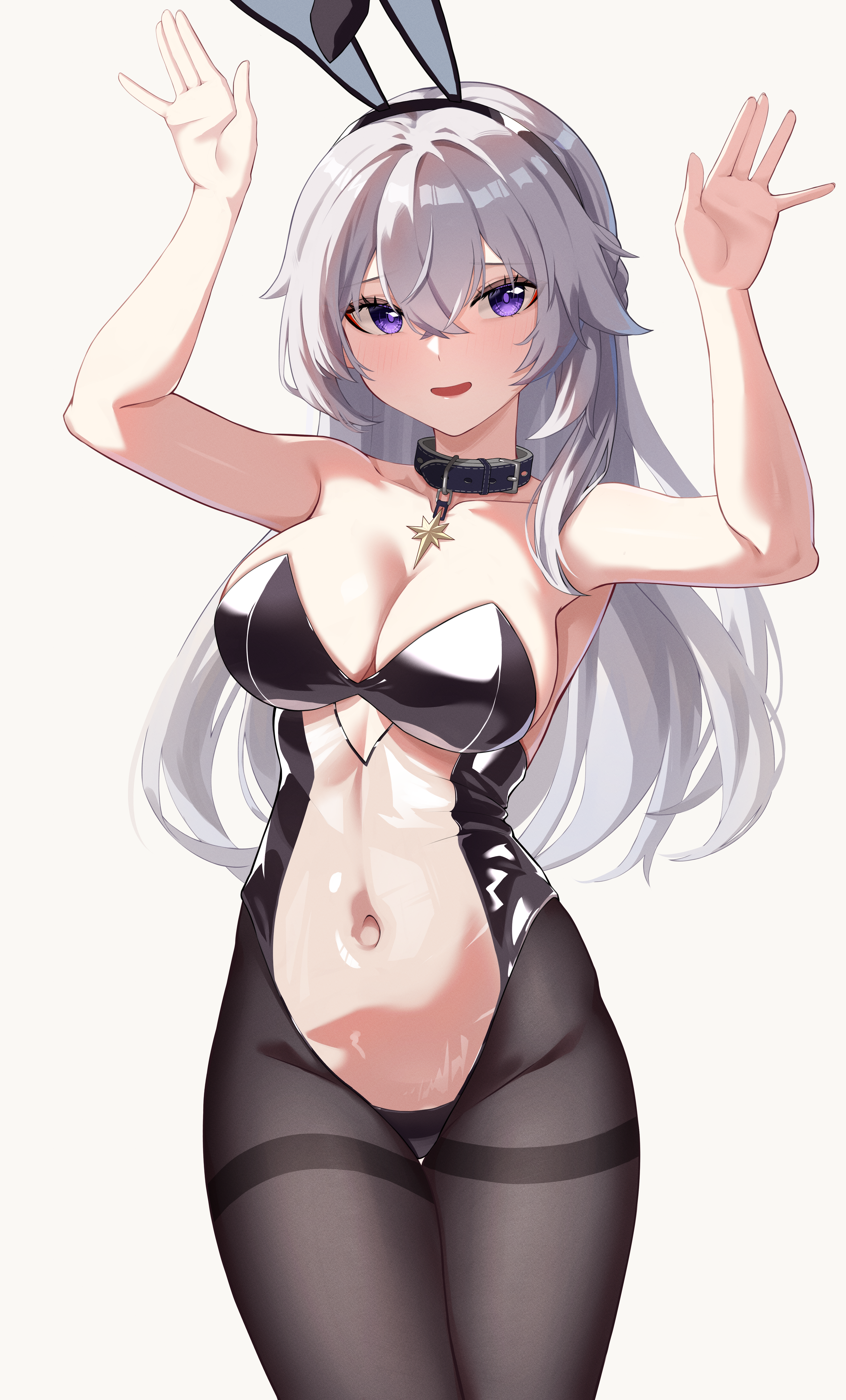 uncle dash, celestia (strinova), strinova, absurdres, highres, 1girl, animal ears, armpits, blush, braid, breasts, cleavage, collar, collarbone, fake animal ears, hair between eyes, hairband, hands up, large breasts, leotard, long hair, looking at viewer, navel, pantyhose, playboy bunny, rabbit ears, see-through clothes, see-through leotard, side braid, simple background, thick thighs, thighs, white background, white hair