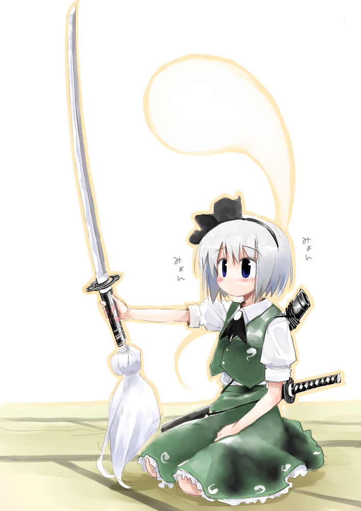 suka, konpaku youmu, konpaku youmu (ghost), touhou, silver hair, 1girl, blue eyes, female focus, hairband, hitodama, katana, ootachi, seiza, short hair, sitting, solo, sword, tatami, weapon