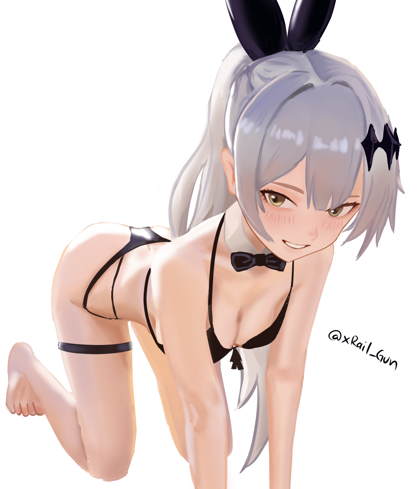 blaizepascal, five-seven (cruise queen) (girls' frontline), five-seven (girls' frontline), girls' frontline, commentary, english commentary, highres, 1girl, animal ears, bare shoulders, bikini, black bikini, black bow, black bowtie, blush, bow, bowtie, breasts, brown eyes, cleavage, detached collar, fake animal ears, full body, grey hair, hair ornament, hairclip, hands on floor, hands out of frame, kneeling, long hair, looking at viewer, medium breasts, official alternate costume, open mouth, ponytail, rabbit ears, smile, solo, swimsuit, twitter username, white background