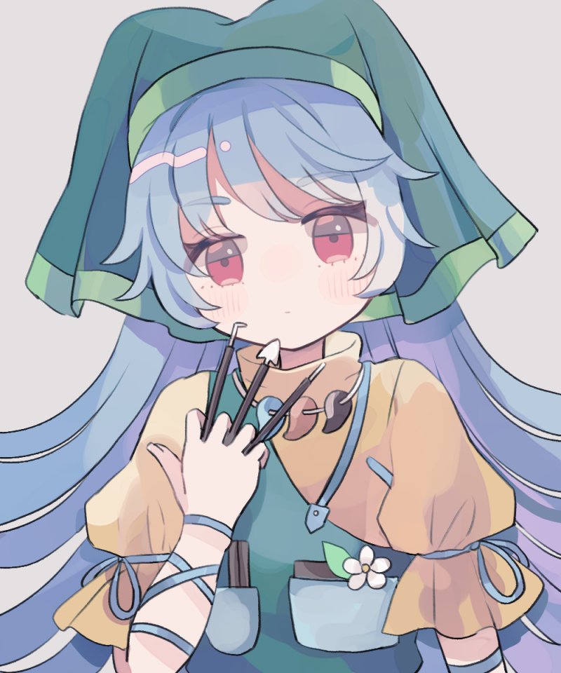 hiyuu (hiyualice), haniyasushin keiki, touhou, commentary request, 1girl, apron, arm ribbon, between fingers, blue hair, blue ribbon, blush, breast pocket, closed mouth, dress, flower, frills, green apron, green headscarf, hair between eyes, hand up, headscarf, holding, holding tool, jewelry, leaf, long hair, looking at viewer, magatama, magatama necklace, necklace, pocket, puffy short sleeves, puffy sleeves, red eyes, ribbon, short sleeves, simple background, solo, turtleneck, turtleneck dress, upper body, white background, white flower, wood carving tool, yellow dress