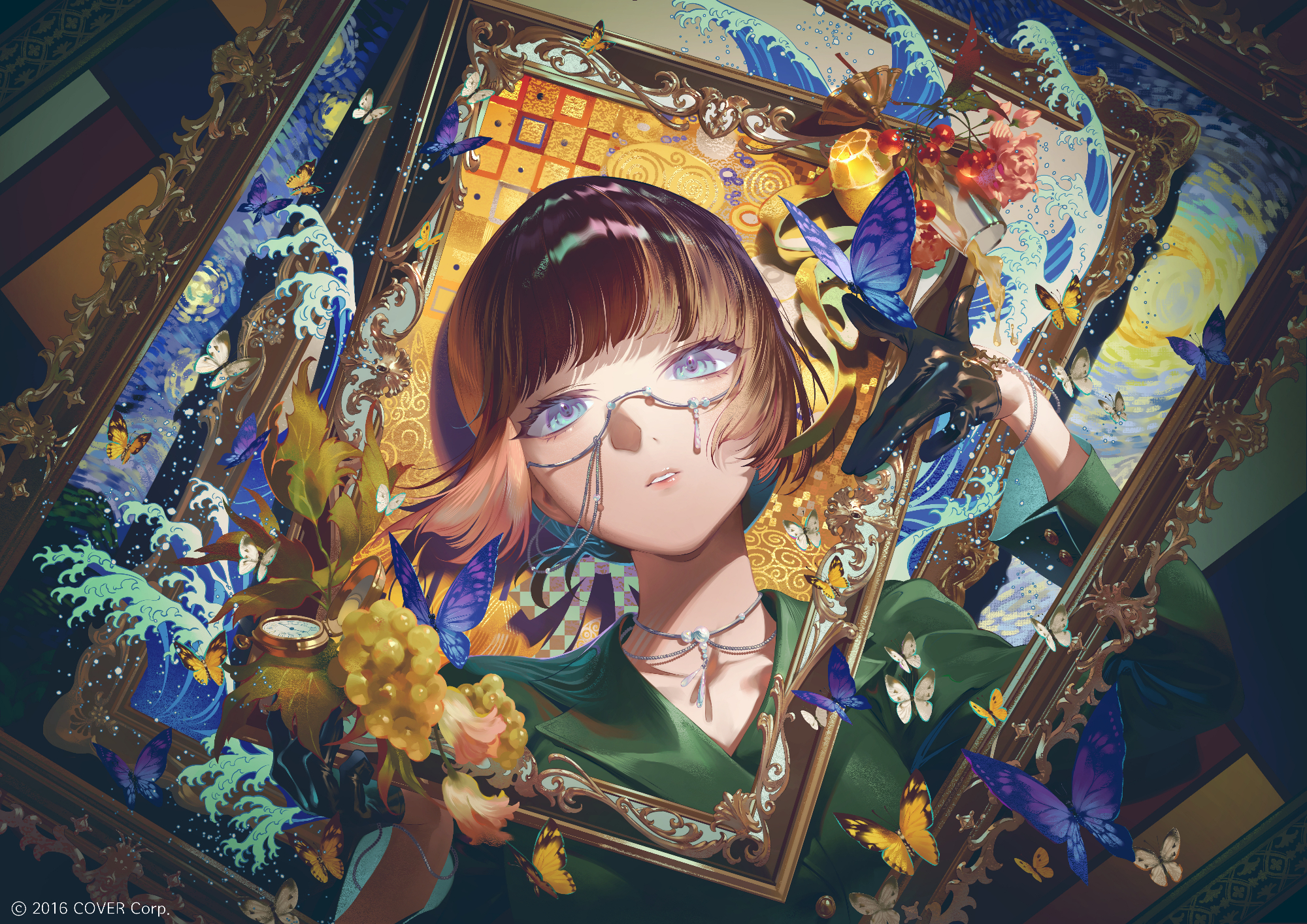 fajyobore, juufuutei raden, hololive, hololive dev is, commentary, english commentary, highres, official art, 1girl, black gloves, black hair, blue eyes, blunt bangs, copyright notice, glasses, gloves, green jacket, grey hair, half gloves, hime cut, holding, jacket, looking at viewer, multicolored hair, parted lips, picture frame, semi-rimless eyewear, solo, two-tone hair, virtual youtuber