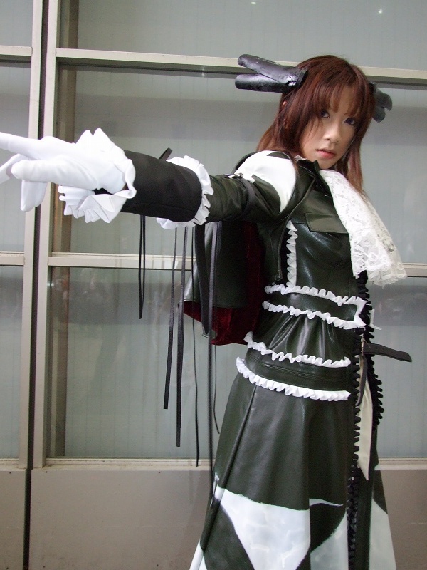 torai aki, sega, shining (series), shining wind, photo (medium), 1girl, asian, brown hair, coat, cosplay, female focus, gloves, long hair, looking at viewer, overcoat, scarf, solo, white gloves, xecty ein (cosplay)