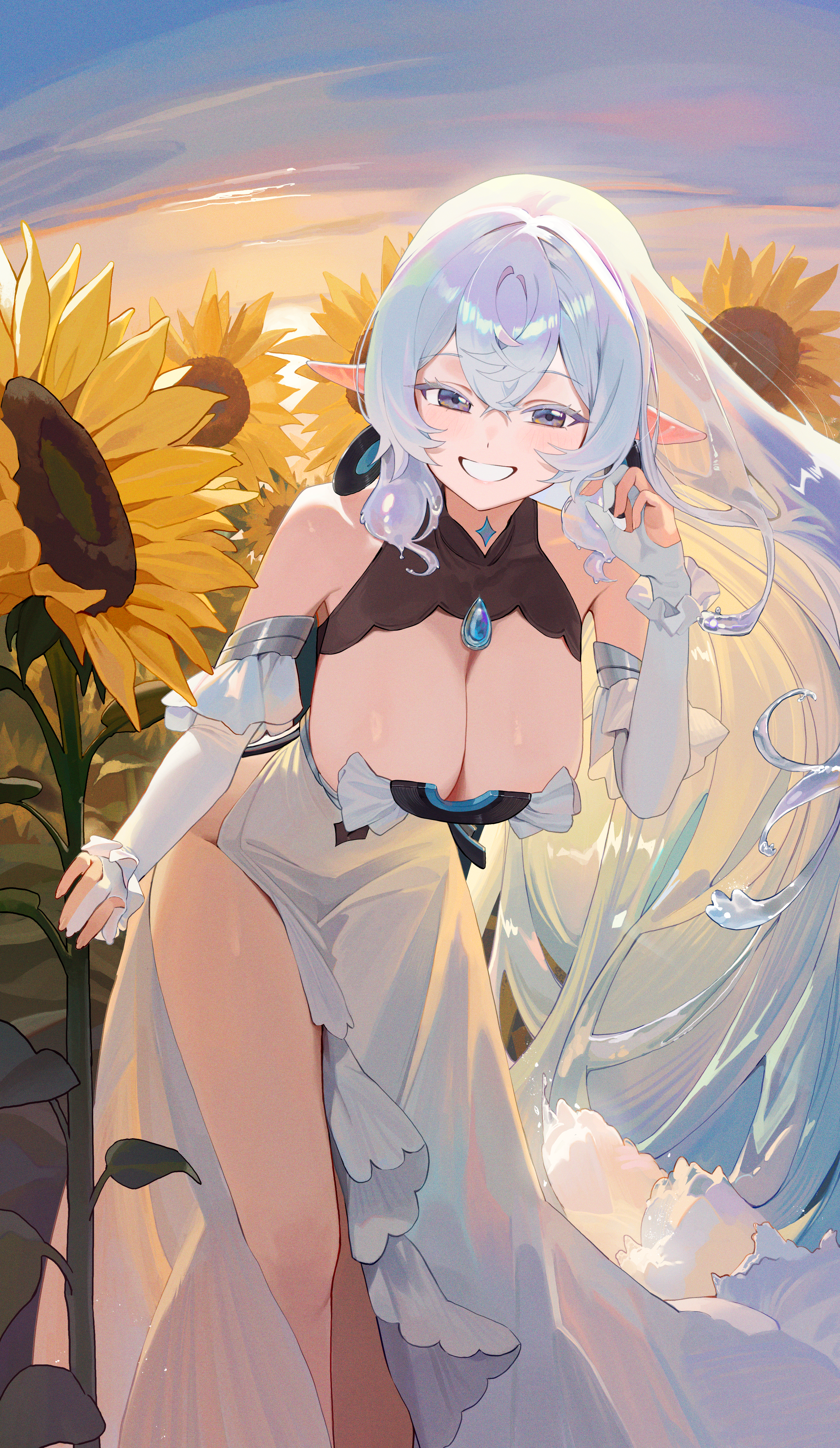 omochiarts, original, absurdres, commission, highres, non-web source, 1girl, blue hair, breasts, cleavage, clothing cutout, detached sleeves, dress, feet out of frame, gloves, jewelry, large breasts, leaning forward, leg cutout, liquid hair, long hair, looking at viewer, parted lips, partially fingerless gloves, smile, solo, sophia (cieluscian), sunset, teeth, water dress, white dress