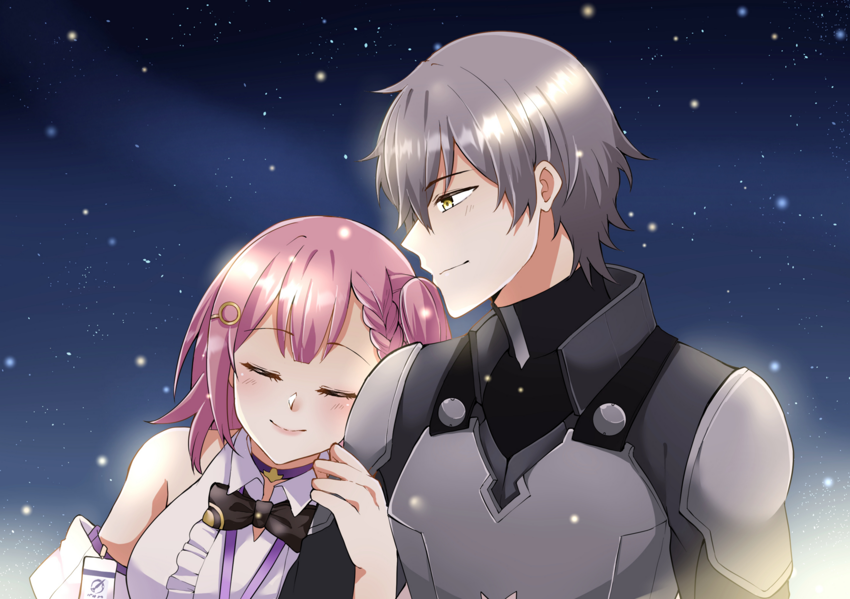 kairikazu, asta (honkai: star rail), caelus (honkai: star rail), trailblazer (honkai: star rail), honkai: star rail, honkai (series), highres, second-party source, 1boy, 1girl, arm hug, bare shoulders, black bow, black bowtie, black shirt, bow, bowtie, braid, closed eyes, collared shirt, grey hair, hetero, medium hair, pink hair, shirt, short hair, side ponytail, smile, space, upper body, white shirt, yellow eyes