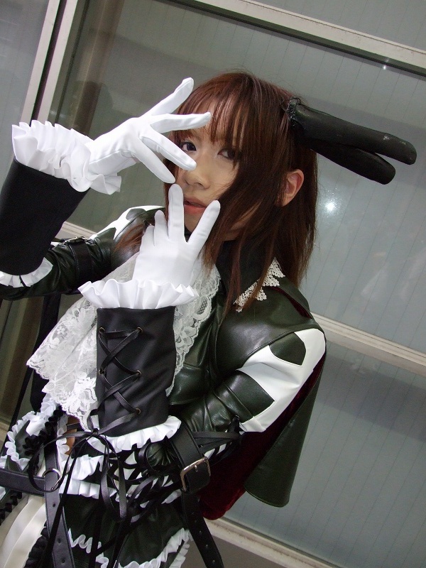 torai aki, sega, shining (series), shining wind, photo (medium), 1girl, asian, brown hair, coat, cosplay, dutch angle, female focus, gloves, long hair, looking at viewer, overcoat, scarf, solo, white gloves, xecty ein (cosplay)