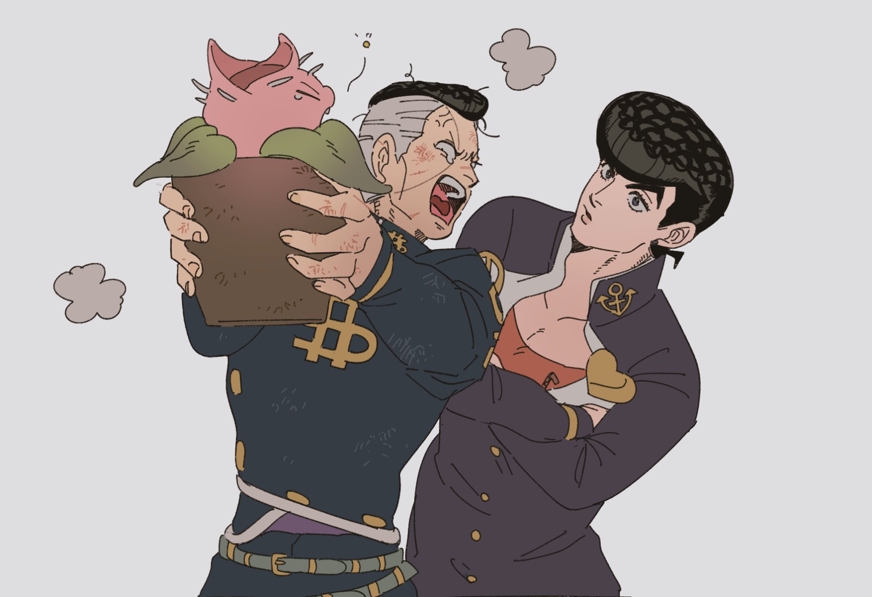 tirauraja, higashikata josuke, nijimura okuyasu, stand (jojo), stray cat (jojo), diamond wa kudakenai, jojo no kimyou na bouken, commentary request, highres, 2boys, anchor symbol, anger vein, belt, belt buckle, black hair, black jacket, blush, brooch, buckle, cat, closed eyes, collarbone, collared jacket, cowboy shot, dollar sign, eyelashes, fang, fingernails, flower, gakuran, grey background, grey hair, heart, holding, holding plant, jacket, jewelry, leaf, leaning to the side, long sleeves, looking at another, male focus, multicolored hair, multiple belts, multiple boys, open mouth, outstretched arms, peace symbol, pink flower, plant, pompadour, popped collar, potted plant, red shirt, school uniform, shirt, simple background, squeans, teeth, thick eyebrows, tongue, two-tone hair, upper teeth only, yawning