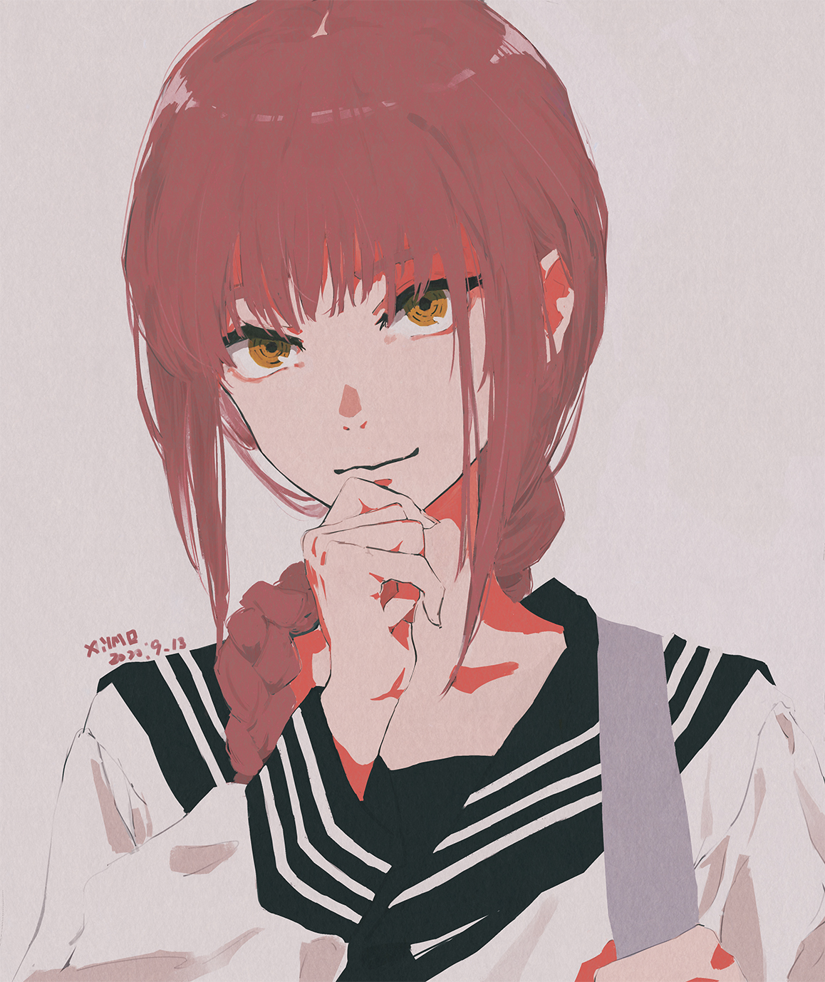 xilmo, makima (chainsaw man), chainsaw man, highres, 1girl, bag, black neckerchief, black sailor collar, braid, braided ponytail, closed mouth, colored shadow, hand on own chin, light smile, long hair, long sleeves, looking at viewer, neckerchief, red hair, ringed eyes, sailor collar, school bag, school uniform, serafuku, shadow, shirt, sidelocks, signature, smile, solo, white background, white serafuku, white shirt