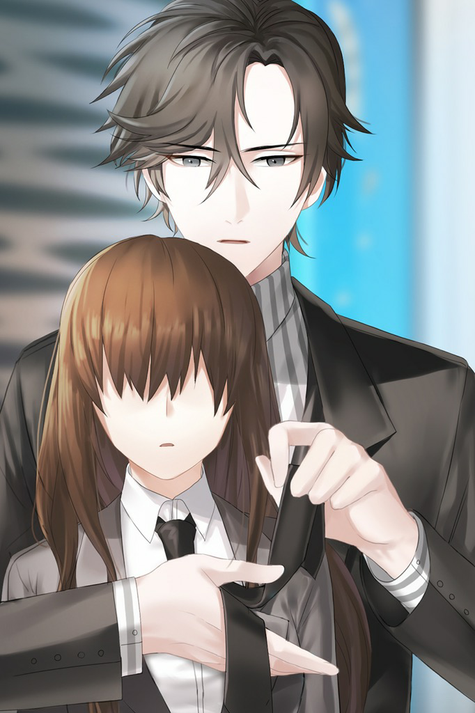 han jumin, protagonist (susanghan messenger), susanghan messenger, game cg, official art, third-party source, 1boy, 1girl, adjusting clothes, adjusting necktie, behind another, black hair, black necktie, blazer, blurry, blurry background, brown hair, dress shirt, faceless, faceless female, facing another, formal clothes, grey eyes, hair between eyes, hair over eyes, indoors, jacket, long hair, looking at another, looking at object, necktie, parted bangs, shirt, striped clothes, striped shirt, tying, tying necktie, upper body, white shirt