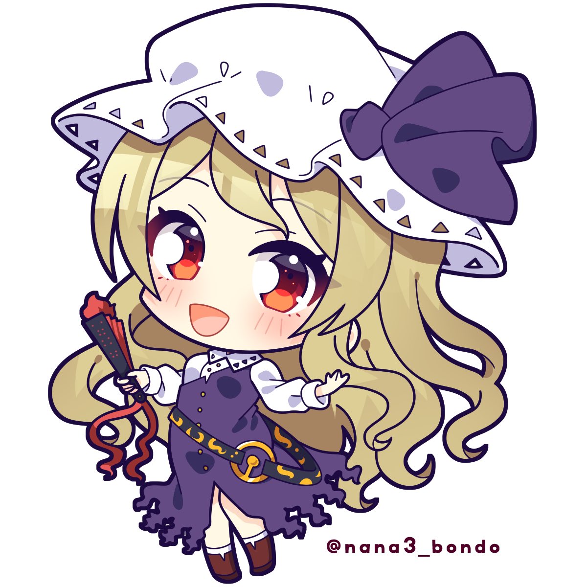 rain leyley, watatsuki no toyohime, touhou, commentary request, highres, 1girl, artist name, belt, black belt, blonde hair, blush, boots, breasts, brown boots, buttons, chibi, chibi only, collared shirt, dress, full body, hand fan, hands up, hat, hat ribbon, holding, holding fan, long hair, long sleeves, looking at viewer, medium breasts, mob cap, open mouth, puffy long sleeves, puffy sleeves, purple dress, purple ribbon, red eyes, ribbon, shirt, simple background, smile, socks, solo, standing, torn clothes, torn dress, wavy hair, white background, white hat, white shirt, white socks