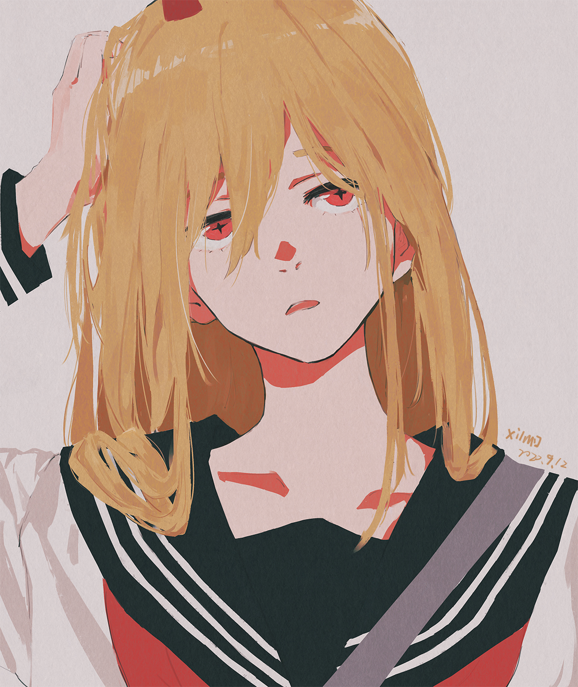 xilmo, power (chainsaw man), chainsaw man, highres, 1girl, bag, black neckerchief, black sailor collar, blonde hair, colored shadow, cross-shaped pupils, demon girl, demon horns, hair between eyes, hand on own head, horns, long hair, looking at viewer, neckerchief, open mouth, red eyes, red horns, sailor collar, school bag, school uniform, serafuku, shadow, shirt, signature, simple background, solo, symbol-shaped pupils, white background, white serafuku, white shirt