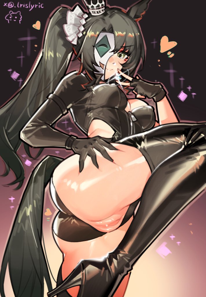 baobao771100, satono crown (umamusume), umamusume, commentary request, 1girl, alternate costume, black leotard, blush, boots, breasts, closed mouth, clothing aside, ear ornament, ear through crown, green eyes, green hair, green tail, hair ornament, half mask, hand on own thigh, high heel boots, high heels, leg up, leotard, leotard aside, long hair, looking at viewer, mask, medium breasts, pussy, side ponytail, smile, solo, thigh boots, thighs, very long hair, zipper pull tab