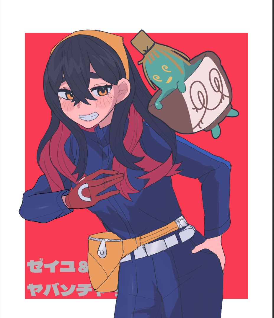 nanase (trfok1), carmine (pokemon), sinistcha, nintendo, pokemon, pokemon sv, 1girl, black hair, blue jacket, blue pants, blueberry academy school uniform, blush, border, colored inner hair, crossed bangs, fanny pack, gloves, hair between eyes, hairband, hand on own hip, jacket, long hair, long sleeves, looking at viewer, mole, mole under eye, multicolored hair, outside border, pants, pokemon (creature), red background, red gloves, red hair, school uniform, single glove, smile, teeth, two-tone hair, white border, yellow eyes, yellow hairband