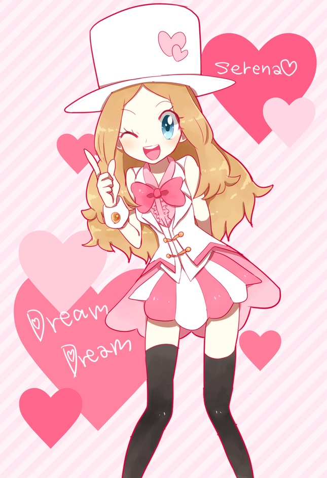 ako (ako0905), serena (pokemon), nintendo, pokemon, pokemon xy, commentary request, 1girl, ;d, alternate costume, aqua eyes, black thighhighs, bow, bowtie, brown hair, character name, cowboy shot, english text, eyelashes, gloves, hat, heart, index finger raised, jacket, long hair, one eye closed, open mouth, pink bow, pink bowtie, smile, solo, teeth, thighhighs, top hat, two-tone skirt, upper teeth only, white gloves, white hat, white jacket