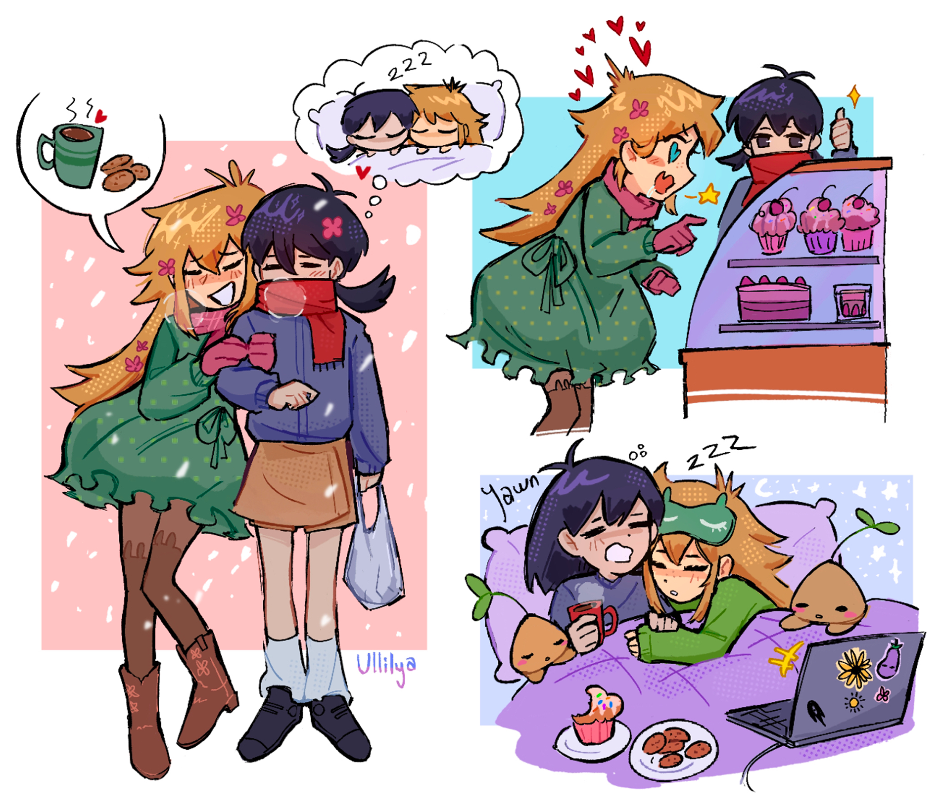 basil (faraway) (omori), basil (omori), mr. plantegg (omori), something (omori), sprout mole, sunny (omori), omori, highres, 2girls, alternate costume, artist name, bag, black coat, black eyes, black shoes, blonde hair, blue eyes, boots, brown boots, brown pantyhose, cake, character doll, character sticker, closed eyes, coat, cupcake, doll, double-parted bangs, flower, food, genderswap, genderswap (mtf), gloves, green coat, hair flower, hair ornament, heart, heart-shaped eyes, holding, holding bag, long hair, long sleeves, low twintails, medium hair, multiple girls, open mouth, pantyhose, parted lips, plastic bag, pointing, red gloves, shoes, short twintails, sleeping, snow, snowing, socks, speech bubble, squeans, sticker, stuffed toy, thought bubble, thumbs up, twintails, ullilya1, unmoving pattern, white socks, zzz