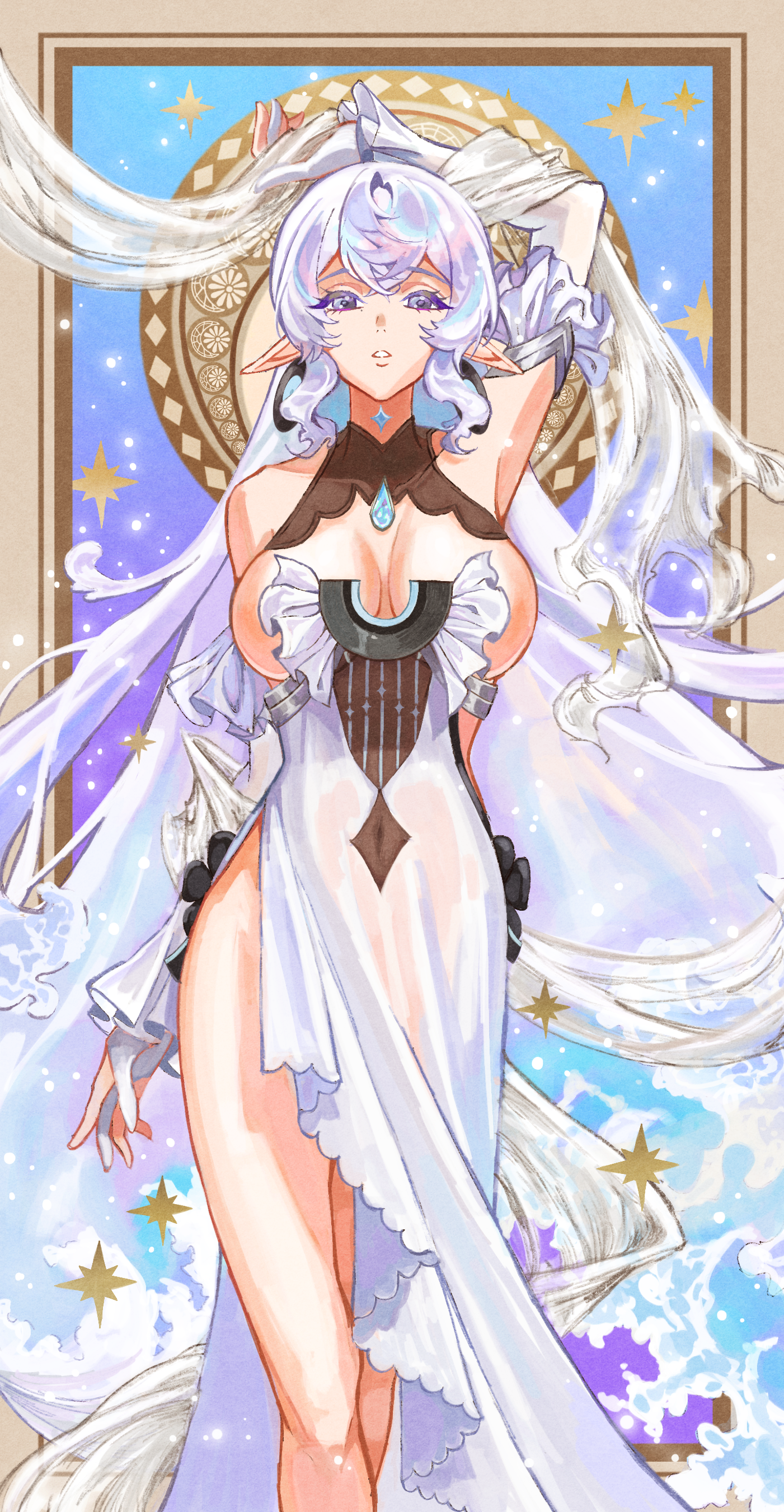 edaori, original, absurdres, commission, highres, second-party source, 1girl, breasts, cowboy shot, dress, earrings, jewelry, large breasts, liquid hair, no bra, no panties, revealing clothes, see-through clothes, see-through dress, solo, sophia (cieluscian), star (symbol), white dress