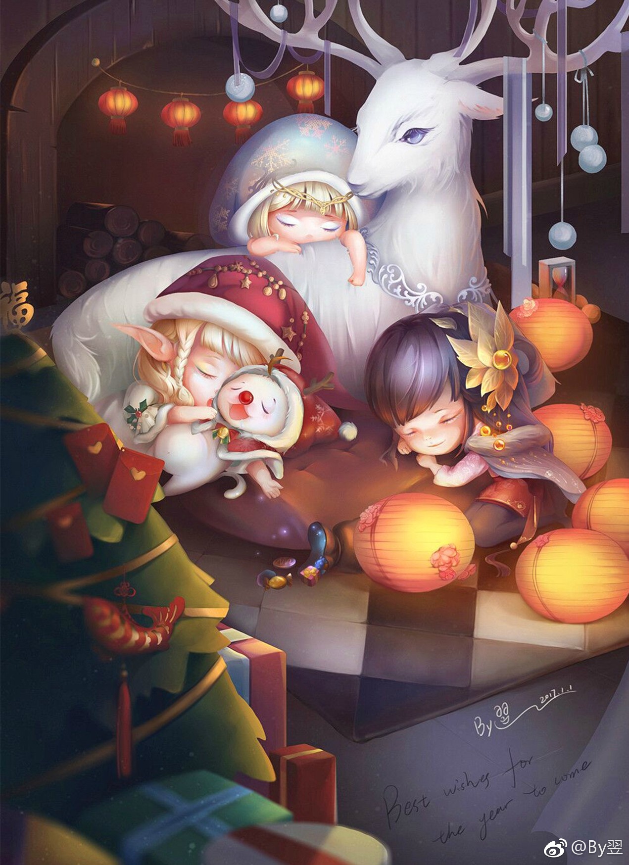 by yi, momo (nikki), miracle nikki, nikki (series), highres, 3girls, alternate costume, animal, black hair, black pantyhose, blonde hair, blue cloak, blue eyeshadow, blunt bangs, braid, carpet, cat, chibi, chinese new year, christmas, christmas adventure (miracle nikki), circlet, cloak, closed eyes, clothed animal, clown nose, deer, dress, elf, eyeshadow, flower, fur-trimmed cloak, fur-trimmed headwear, fur trim, gift, grey cloak, hair flower, hair ornament, hat, holly, hood, hood down, hood up, hooded cloak, hourglass, lantern, letterboxed, long hair, makeup, multiple girls, ode to lantern (miracle nikki), open mouth, pantyhose, paper lantern, pointy ears, pom pom (clothes), ponytail, red dress, red hat, red shoes, rondo of snowy night (miracle nikki), santa hat, shoes, short dress, short ponytail, side braid, signature, single braid, sleeping, smile, snowflakes, watermark, weibo watermark, white cat, white cloak, yellow flower