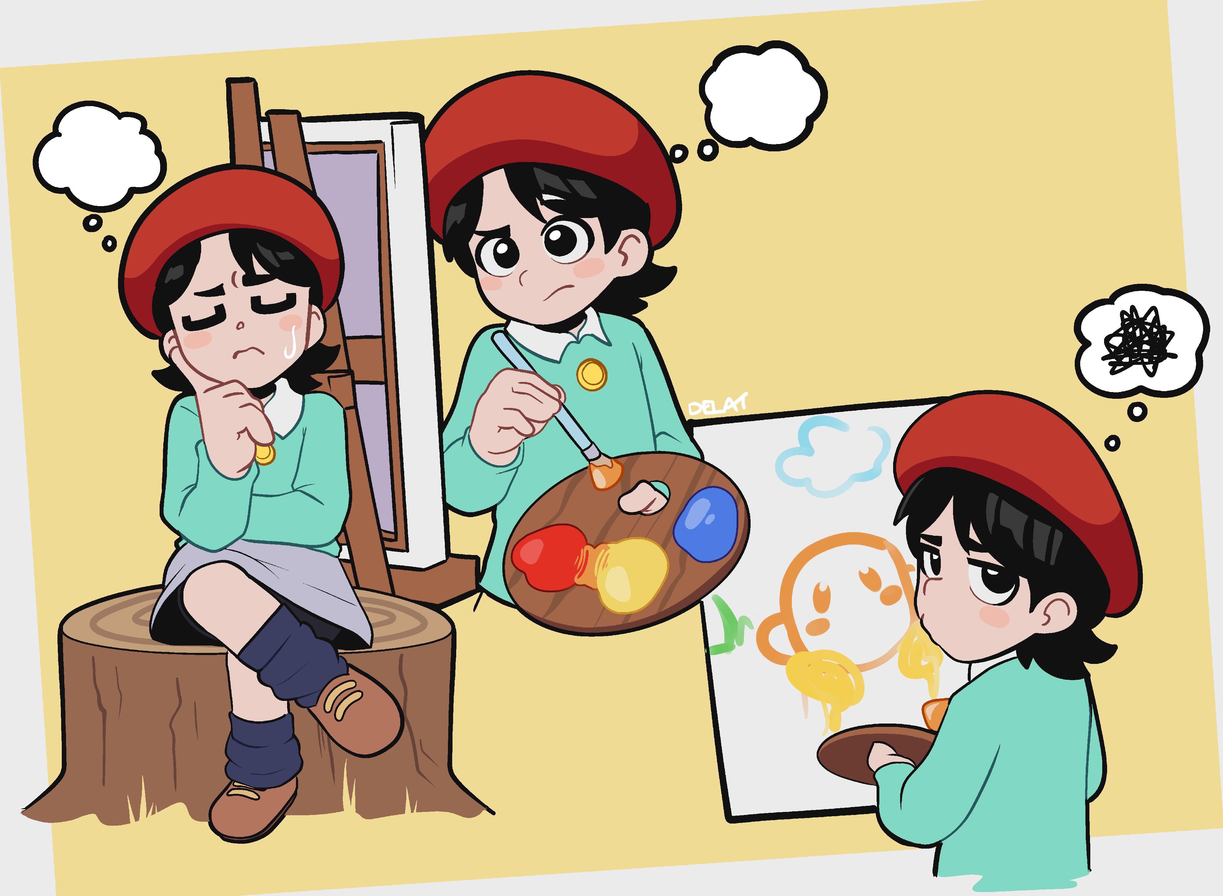 delatoid, adeleine, kirby (series), nintendo, absurdres, highres, 1girl, beret, black eyes, black hair, black socks, brown shoes, canvas (object), crossed legs, grey skirt, hat, holding, holding paint palette, holding paintbrush, on tree stump, paint palette, paintbrush, painting (object), red hat, shoes, signature, simple background, skirt, smock, socks, sweatdrop, tree stump, yellow background