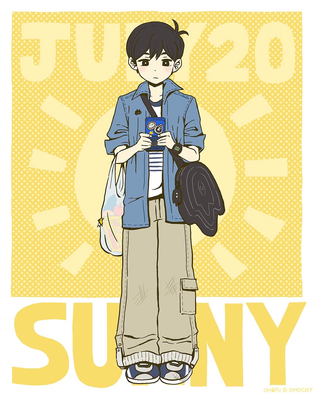 omocat, hector (omori), mewo, something (omori), sunny (birthday) (omori), sunny (omori), omori, highres, official art, 1boy, antenna hair, apple, bag, baggy pants, black bag, black eyes, black hair, blue jacket, blue shirt, blue shoes, border, box, bright pupils, brown pants, cellphone, character bag, character name, closed mouth, collarbone, collared jacket, dated, denim, denim jacket, double-parted bangs, elbow carry, facing viewer, fingernails, flat color, food, frown, fruit, full body, grocery bag, hair behind ear, hair between eyes, happy birthday, holding, holding phone, jacket, legs together, light blush, looking at phone, male focus, open clothes, open jacket, outside border, pants, phone, pocket, polka dot, polka dot background, shirt, shoes, shopping bag, short-sleeved jacket, short hair, short sleeves, shoulder bag, simple background, smartphone, solo, straight-on, striped clothes, striped shirt, sun, torn bag, two-tone shirt, very short hair, watch, white border, white pupils, white shirt, wristwatch, yellow background