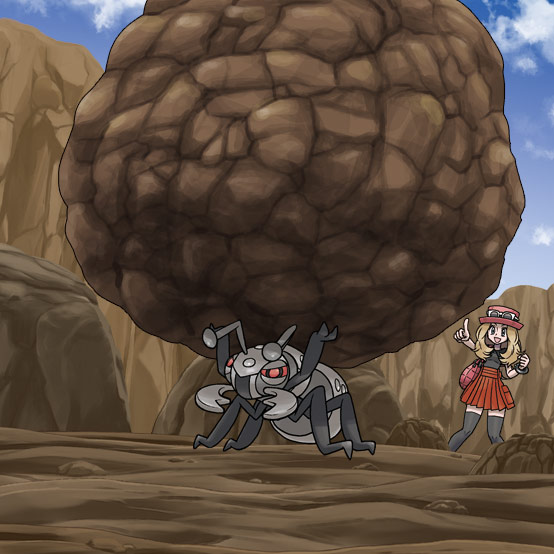 durant, serena (pokemon), nintendo, pokemon, pokemon xy, artist request, commentary request, official art, second-party source, :d, antennae, bag, black shirt, black thighhighs, blue sky, boulder, bracelet, brown hair, bug, carrying, cloud, day, eyewear on head, gen 5 pokemon, handbag, hat, jewelry, long hair, mandibles, mega ring, open mouth, outdoors, outstretched arm, pink bag, pink hat, pointing, pokemon (creature), pokemon move, red skirt, shirt, skirt, sky, smile, strength (pokemon), sunglasses, thighhighs, white-framed eyewear