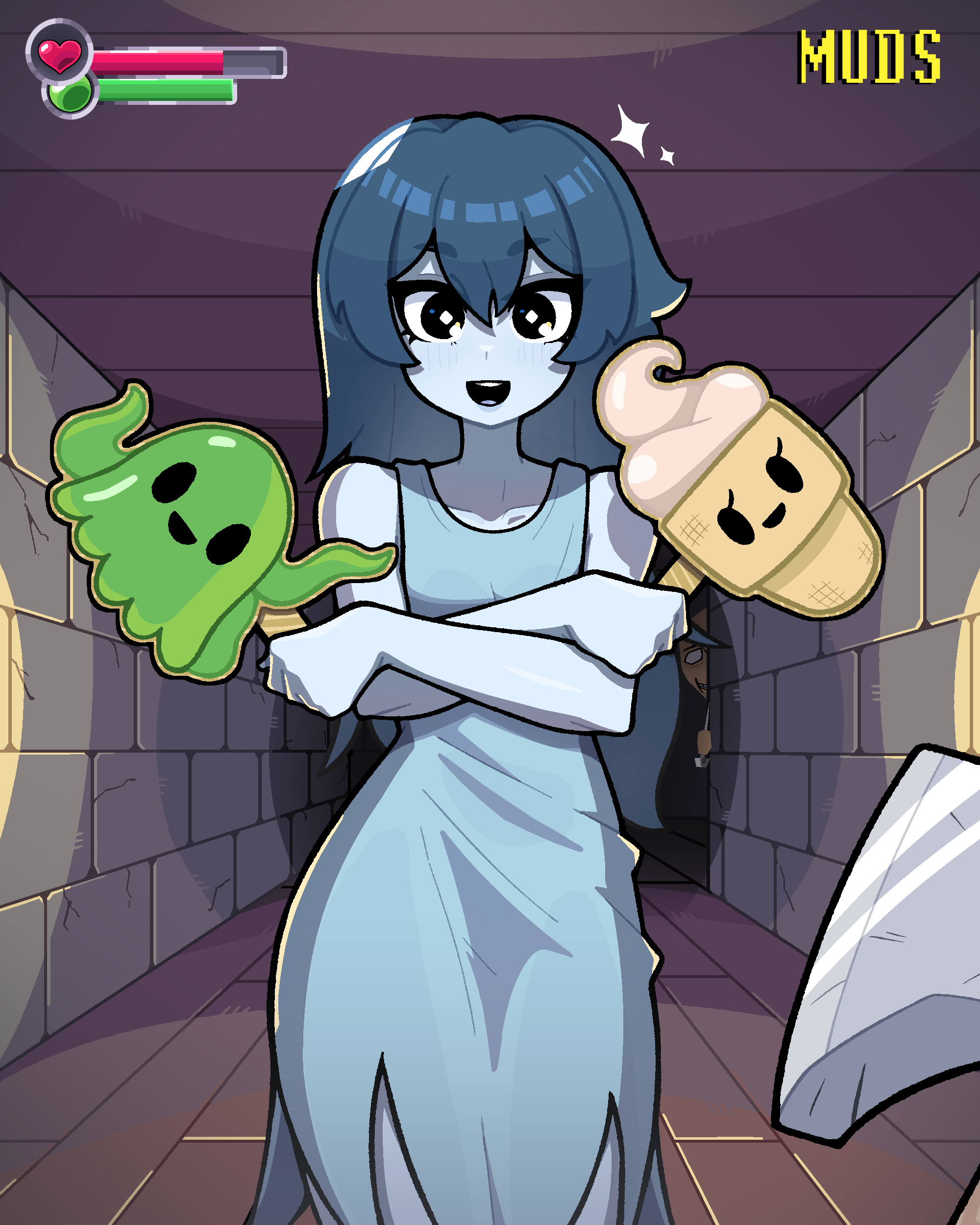 muds, spooky (shojs), spooky's house of jump scares, character counter request, absurdres, character request, highres, 1girl, artist name, axe, black eyes, blue dress, blue hair, blue skin, blush, collarbone, colored skin, double-parted bangs, dress, health bar, indoors, long hair, looking at viewer, open mouth, pov, smile, solo, teeth, upper teeth only