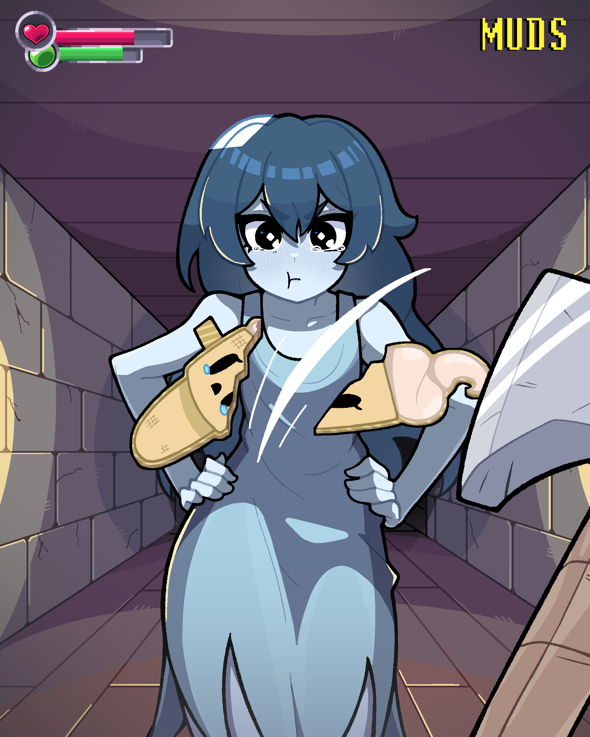 muds, spooky (shojs), spooky's house of jump scares, character counter request, absurdres, character request, highres, 1girl, artist name, axe, black eyes, blue dress, blue hair, blue skin, closed mouth, collarbone, colored skin, double-parted bangs, dress, hands on own hips, health bar, indoors, long hair, looking at viewer, pout, pov, solo